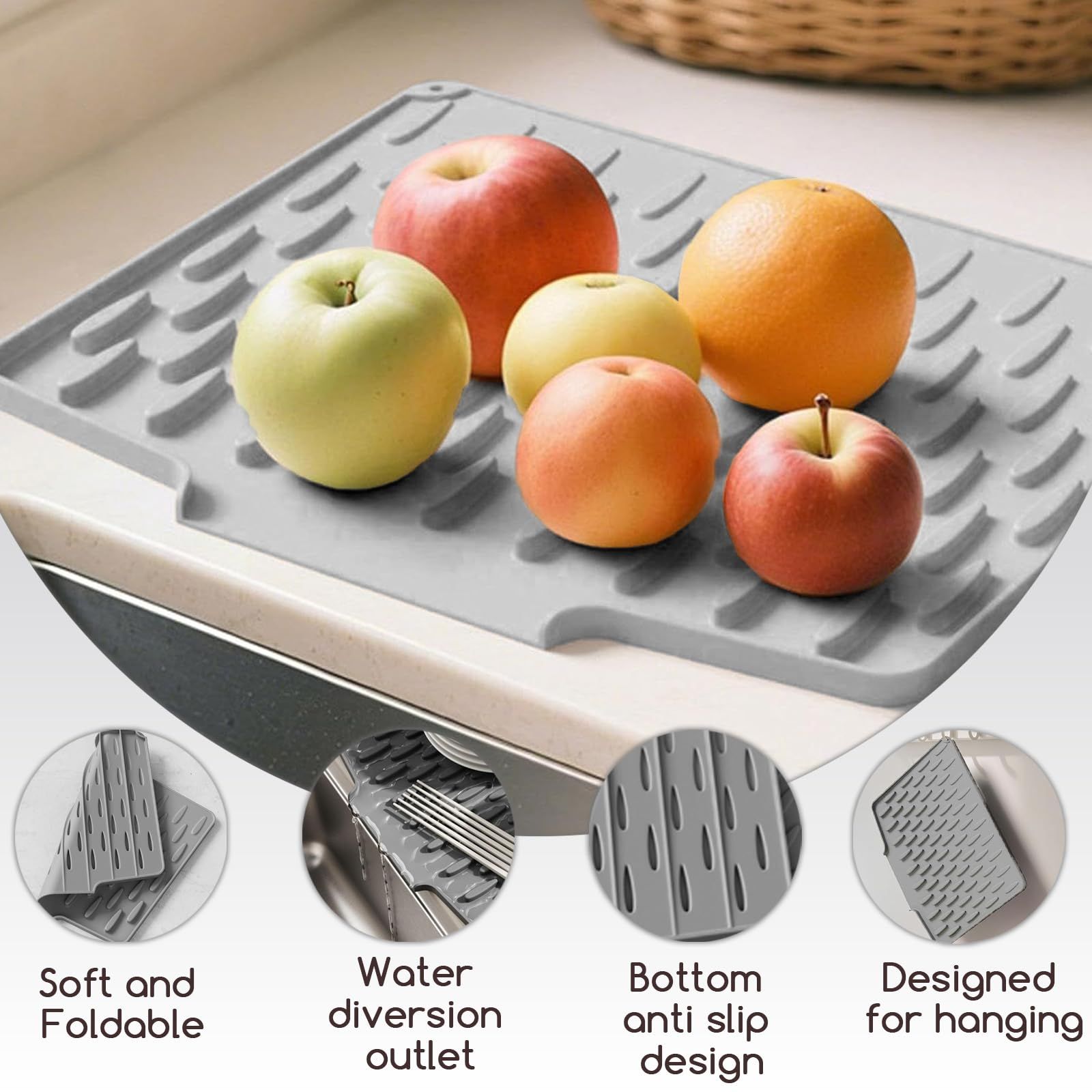 Dish Drying Mat with Board Drain, Heat Resistant Drying Matt Kitchen Counter & Silicone Dish Drying Mat, Quick-Dry Dish Drying Pad That Protects Countertops and Is Easy to Clean.( Grey) - Image 5