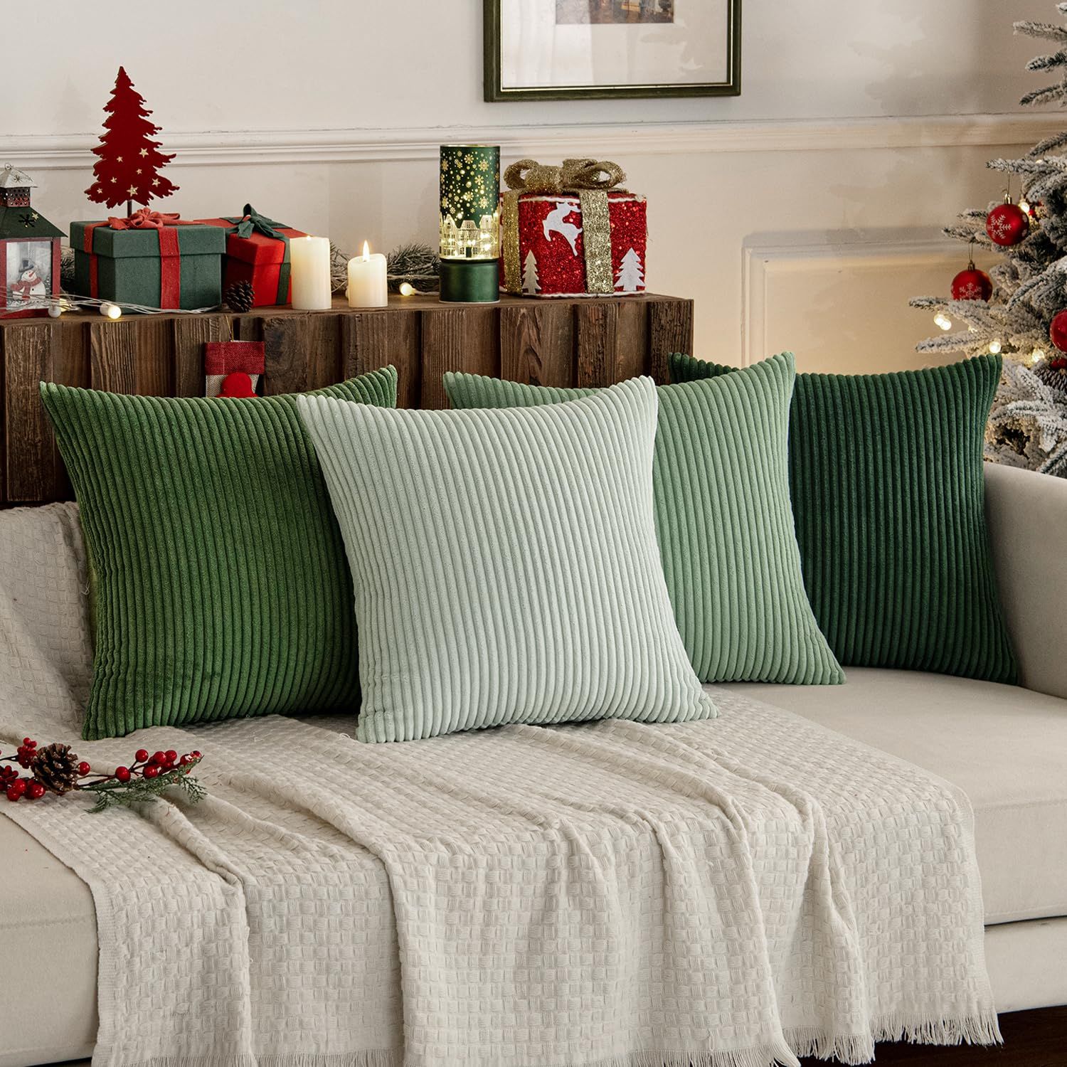 Boho Farmhouse Sage Green Throw Pillow Covers 18x18 Inch Set of 4 Mordern Nordic Cushion Covers Soft Corduroy Christmas Home Decor for Couch Bed Sofa Living Room Forest Green - Image 2