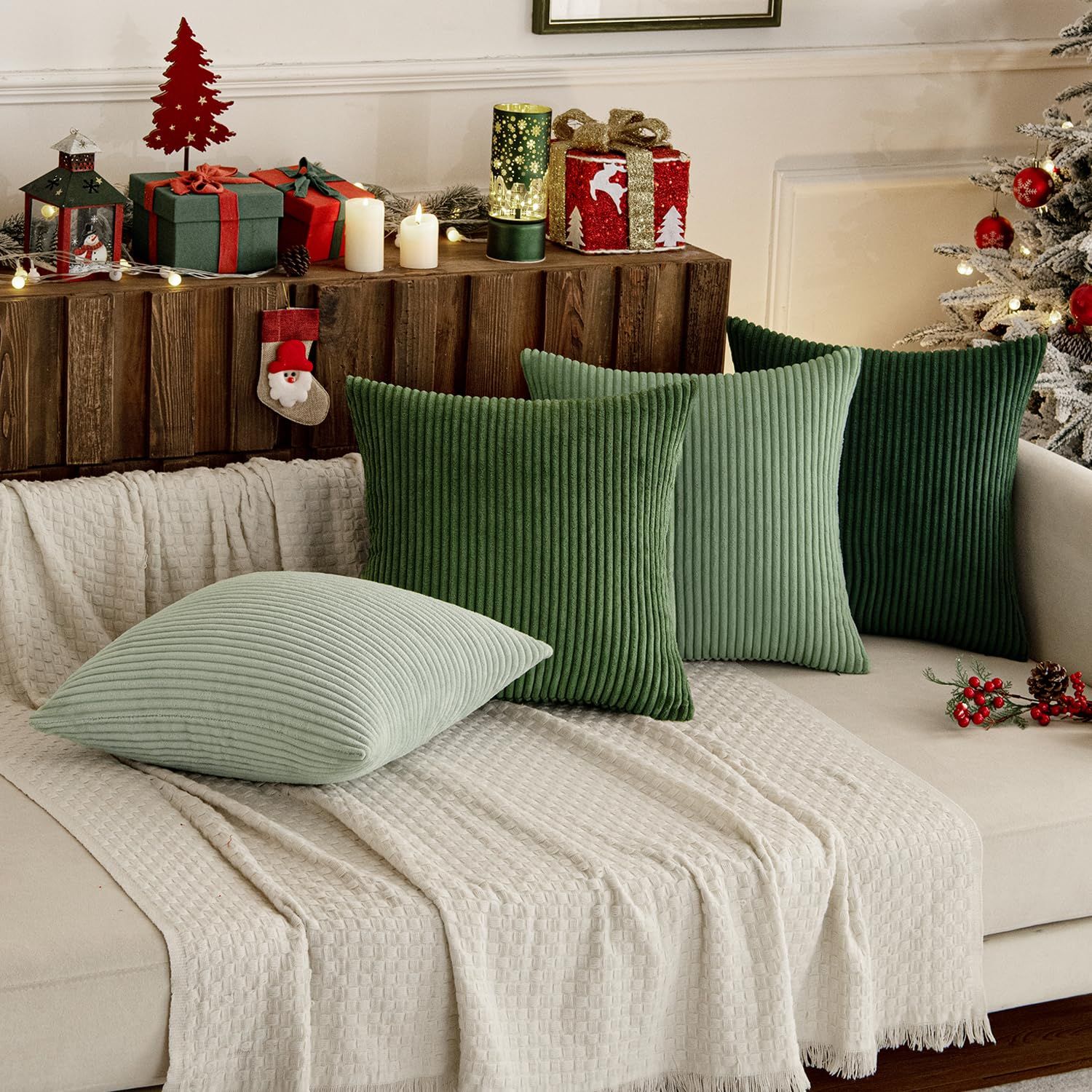 Boho Farmhouse Sage Green Throw Pillow Covers 18x18 Inch Set of 4 Mordern Nordic Cushion Covers Soft Corduroy Christmas Home Decor for Couch Bed Sofa Living Room Forest Green - Image 3