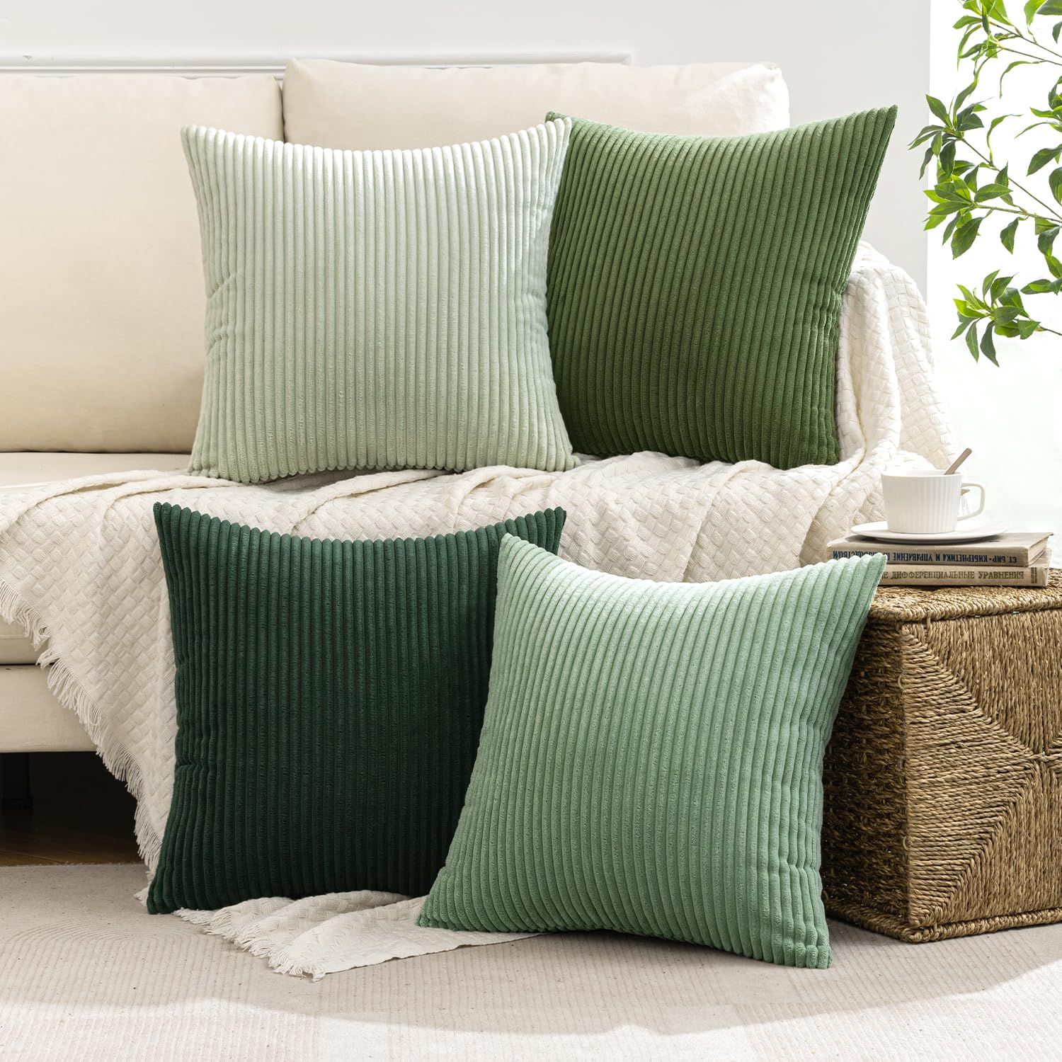 Boho Farmhouse Sage Green Throw Pillow Covers 18x18 Inch Set of 4 Mordern Nordic Cushion Covers Soft Corduroy Christmas Home Decor for Couch Bed Sofa Living Room Forest Green - Image 4