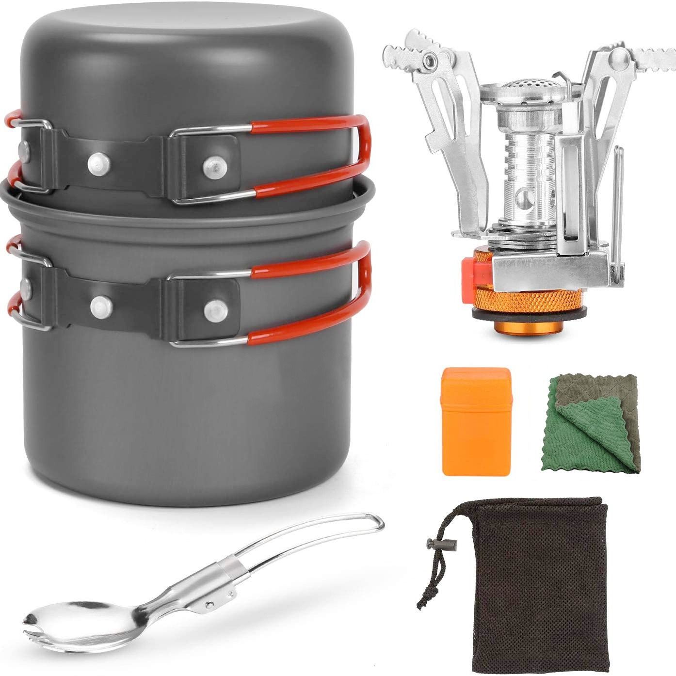 6pcs Camping Cookware Mess Kit with Lightweight Pot, Stove,Carry Mesh Bag, Great for Backpacking Outdoor Camping Hiking and Picnic - Image 1