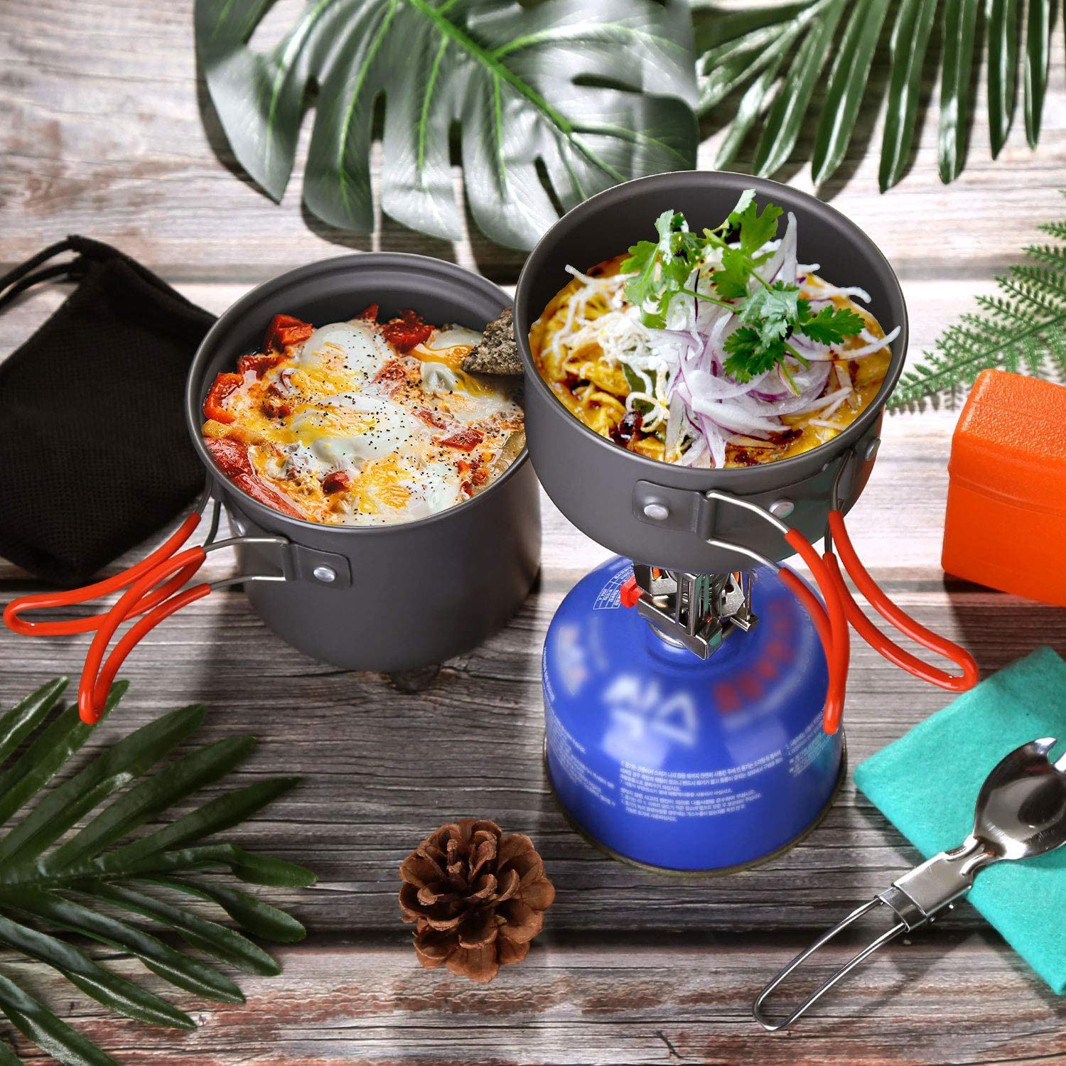 6pcs Camping Cookware Mess Kit with Lightweight Pot, Stove,Carry Mesh Bag, Great for Backpacking Outdoor Camping Hiking and Picnic - Image 3
