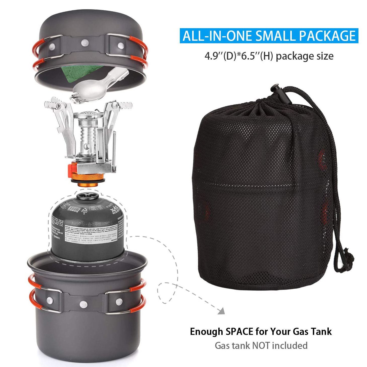 6pcs Camping Cookware Mess Kit with Lightweight Pot, Stove,Carry Mesh Bag, Great for Backpacking Outdoor Camping Hiking and Picnic - Image 4