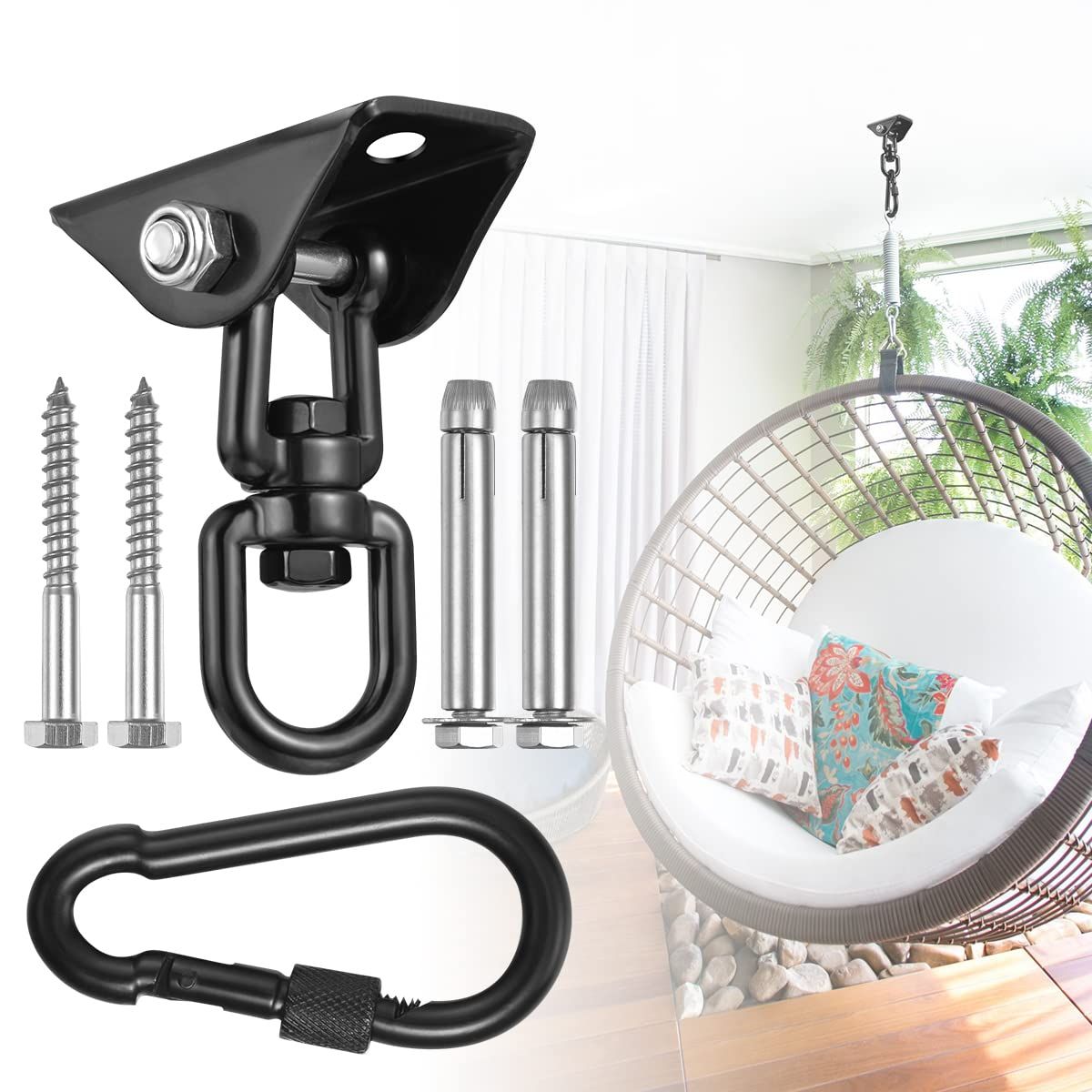 Hammock Hanging Kit,Hanging Chair Hardware 360°Rotating Capacity Hammock Hooks Heavy Duty,Hammock Chair Hanging Kit & Swing Ceiling Hook Snap for Hammock Chair Stand,Seat, Tree,Yoga,Gym(Black) - Image 2