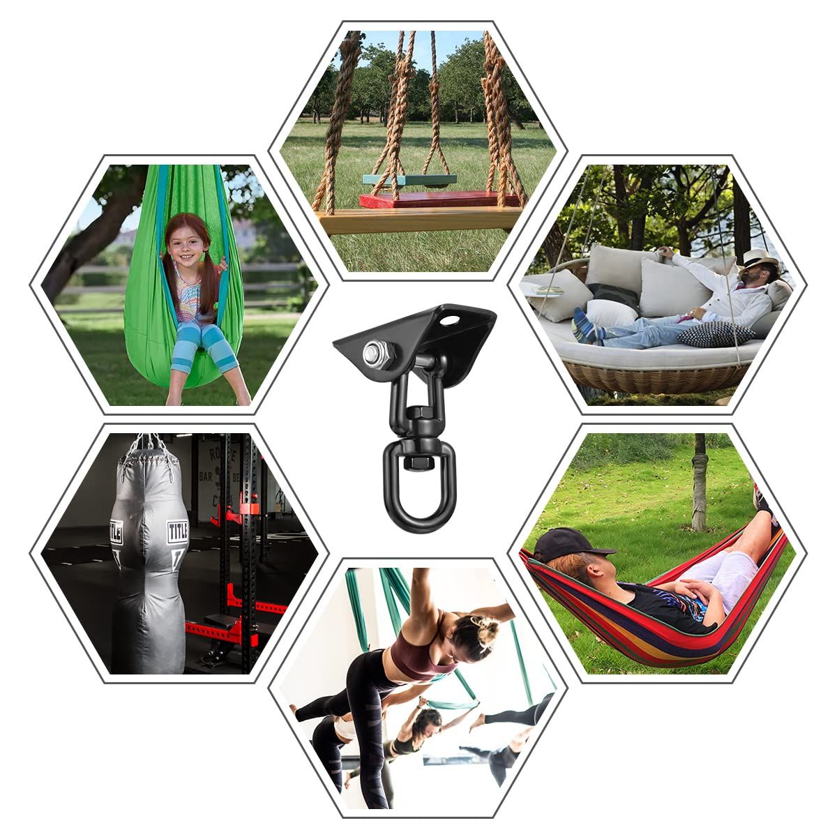 Hammock Hanging Kit,Hanging Chair Hardware 360°Rotating Capacity Hammock Hooks Heavy Duty,Hammock Chair Hanging Kit & Swing Ceiling Hook Snap for Hammock Chair Stand,Seat, Tree,Yoga,Gym(Black) - Image 5