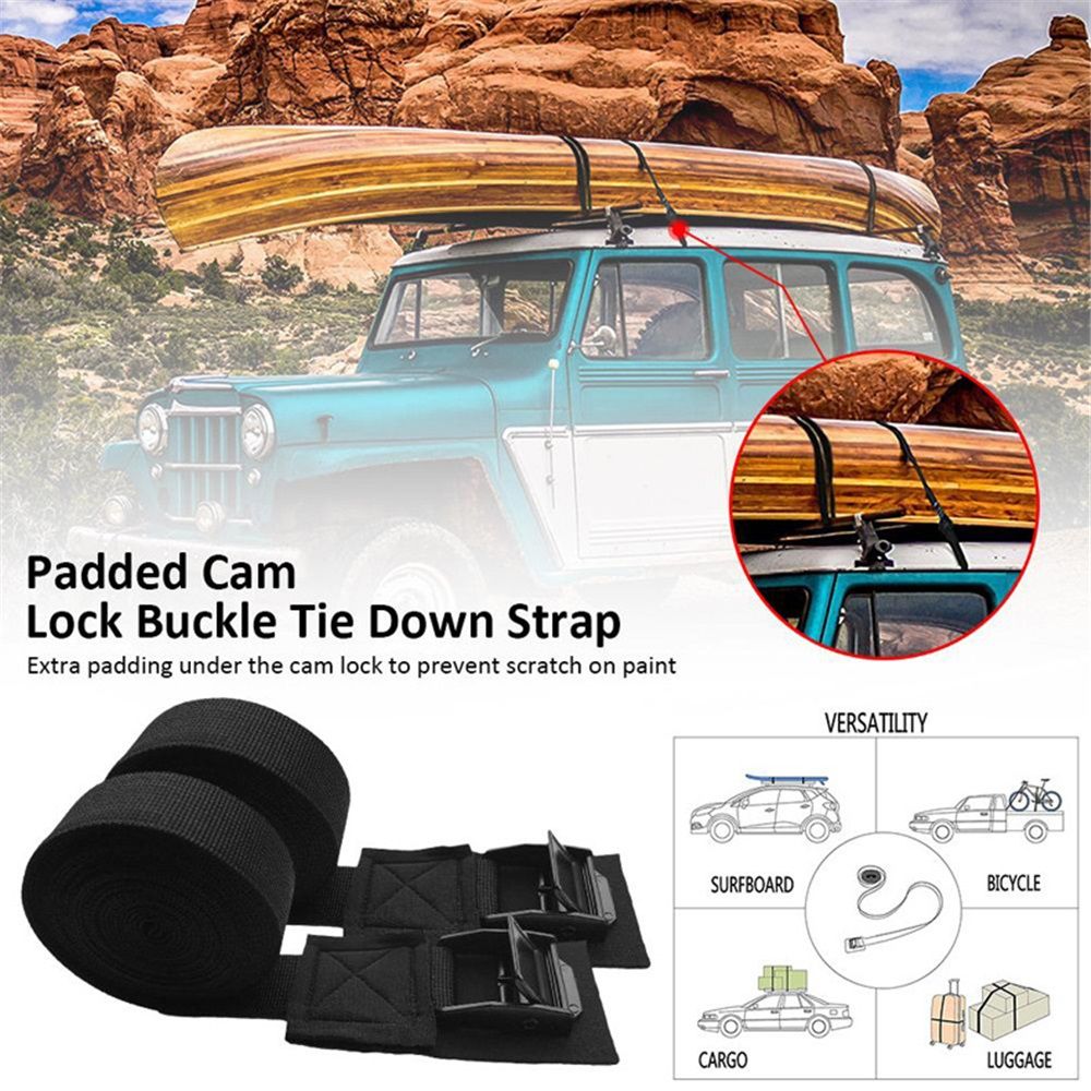 Black two Pair Tie Down Strap Padded Cam Lock Buckle - Cargo Straps for Moving Appliances, Lawn Equipment, Motorcycle Kayak Surfboard Surf Rack - Image 5