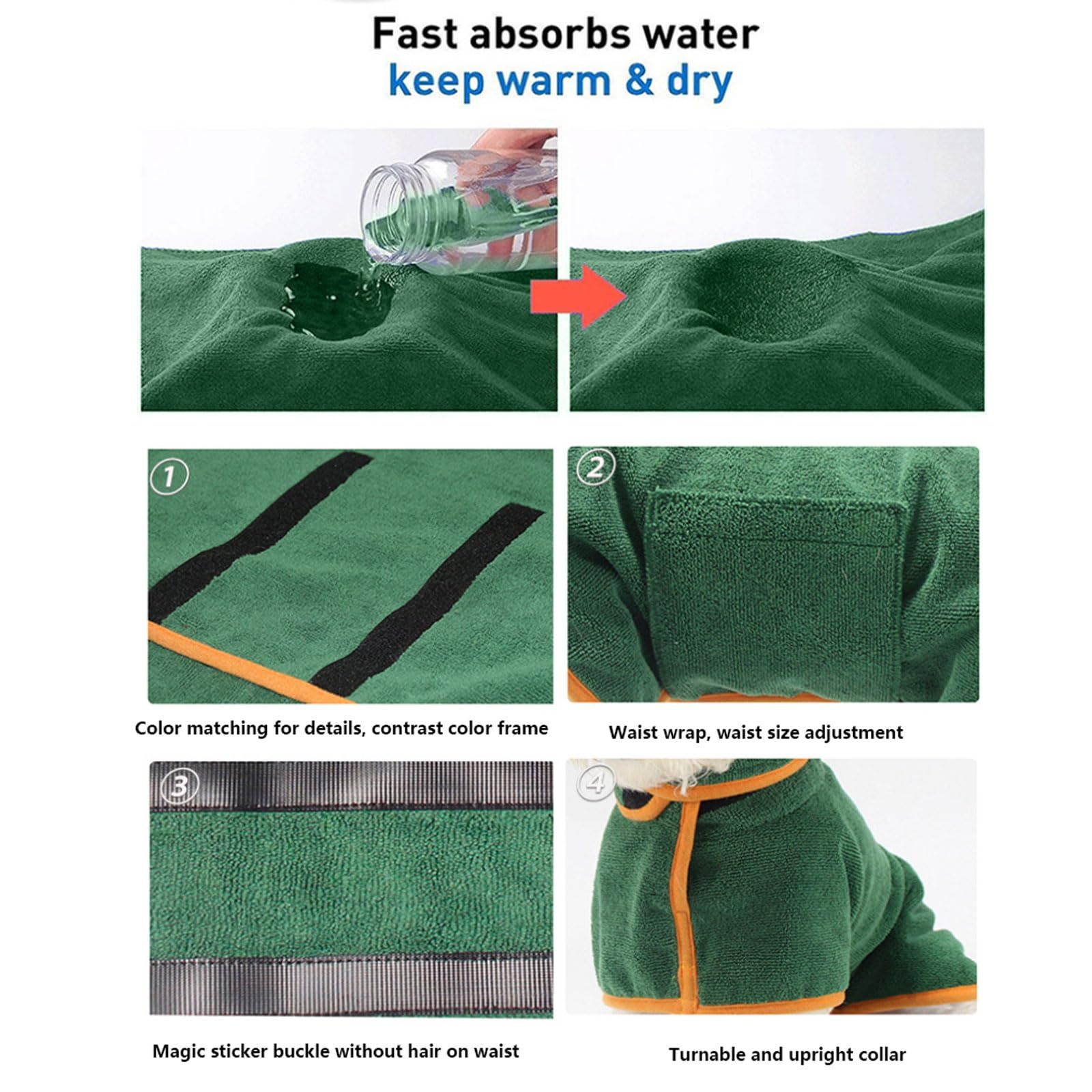 Dog Drying Coat - Fast Drying Dog Towel Robe - Microfiber Super Absorbent Pet Bathrobe, Adjustable Collar & Belly Strap Pet Coat Pet Bath Robe Towel  Dark Green S - Image 3