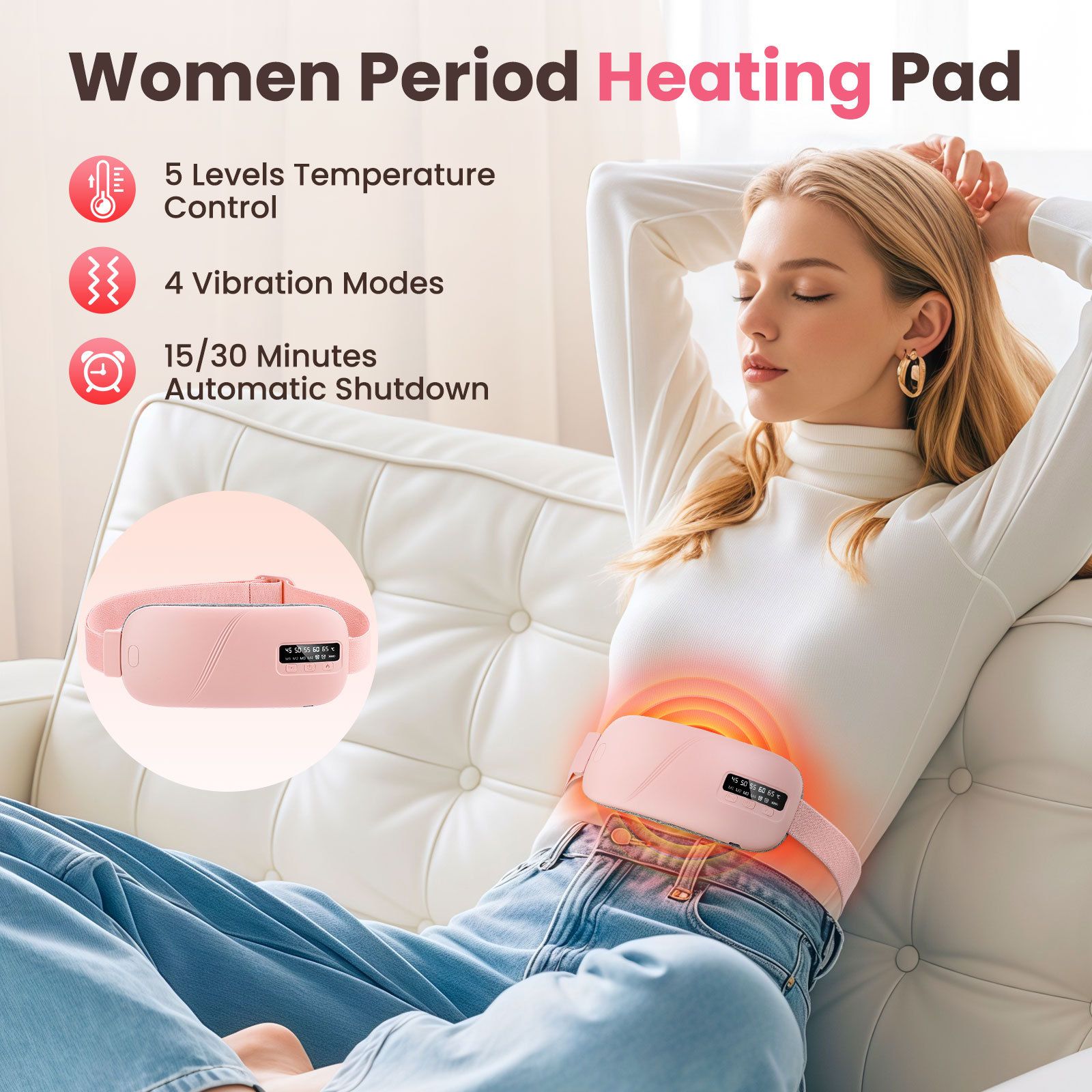 Portable Cordless Heating Pad for Cramps, 5 Heat Levels and 4 Massage Modes, A Temp Control, Belly and Back Heating Pad, Gifts for Women and Girls (Pink) - Image 2