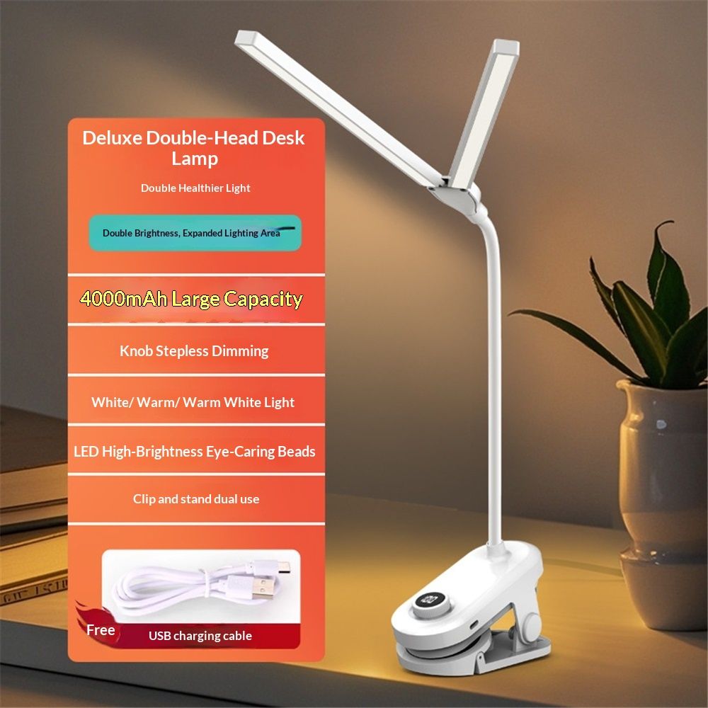 Dual Head LED Desk Lamp with Clamp, Eye-Caring Clip on Lights for Home Office, 4000mAh Rechargeable Battery Operated Table Lamps,3 Lighting Modes & Brightness Dimmer Light for Kids Students - Image 2