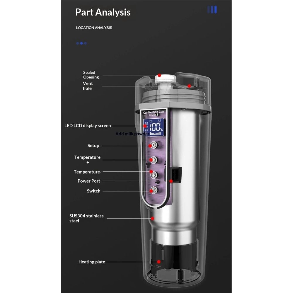 Car Electric Kettle for Travel :12V/24V Small Electric Water Kettle, Multi-Temp Control 500 mL Portable Car Water Boiler for Brewing Coffee Tea,LCD Display 304 Stainless Steel Truck Heating Cup - Image 4