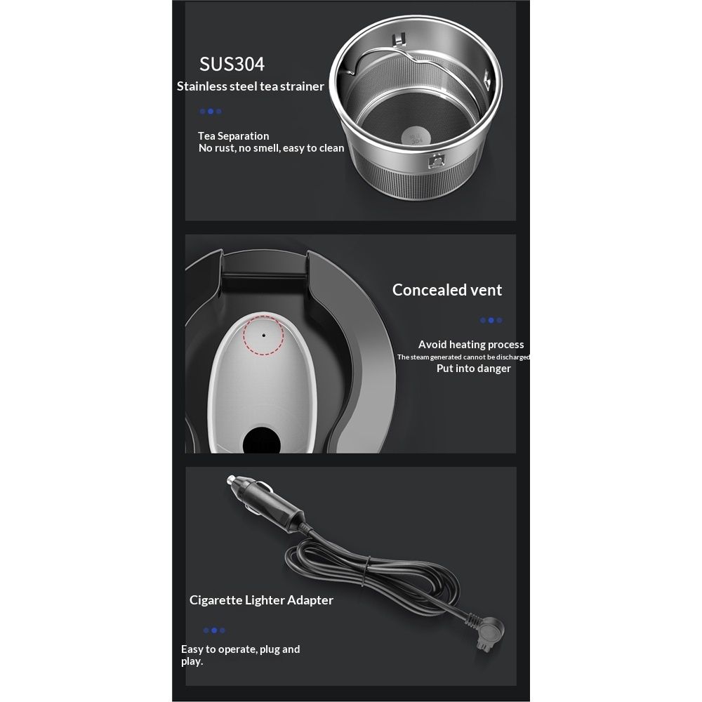 Car Electric Kettle for Travel :12V/24V Small Electric Water Kettle, Multi-Temp Control 500 mL Portable Car Water Boiler for Brewing Coffee Tea,LCD Display 304 Stainless Steel Truck Heating Cup - Image 5