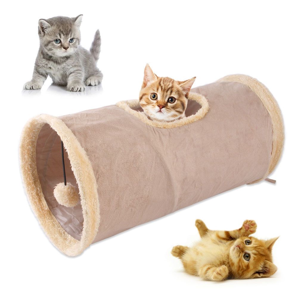 Collapsible Cat Tunnel Pet Play Tube Crinkle Tunnel with Cat Toys，Ball for Small to Medium Cats, Kittens, Rabbits, Ferrets（khaki） - Image 2