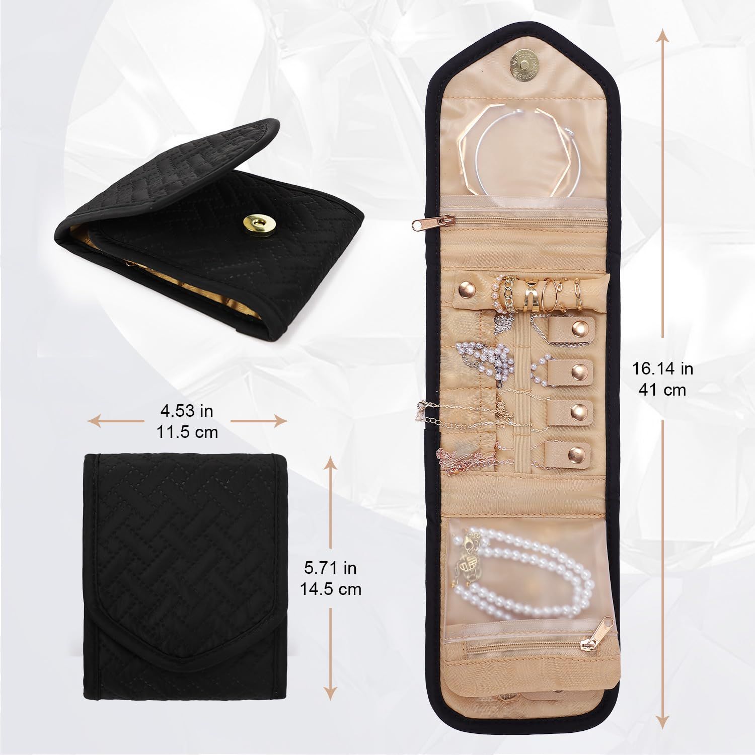 Travel Jewelry Organizer Case Foldable Jewelry Roll for Journey Rings, Necklaces, Earrings, Bracelets, Mini, (Black Large )Storage bag only - Image 5