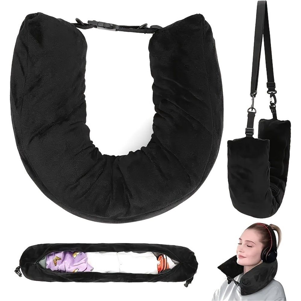 Stuffable Neck Pillow Travel Storage Bag for Airplanes with Clothes,Fits 3+ Days of Travel Essentials, No Filler (Black) - Image 1