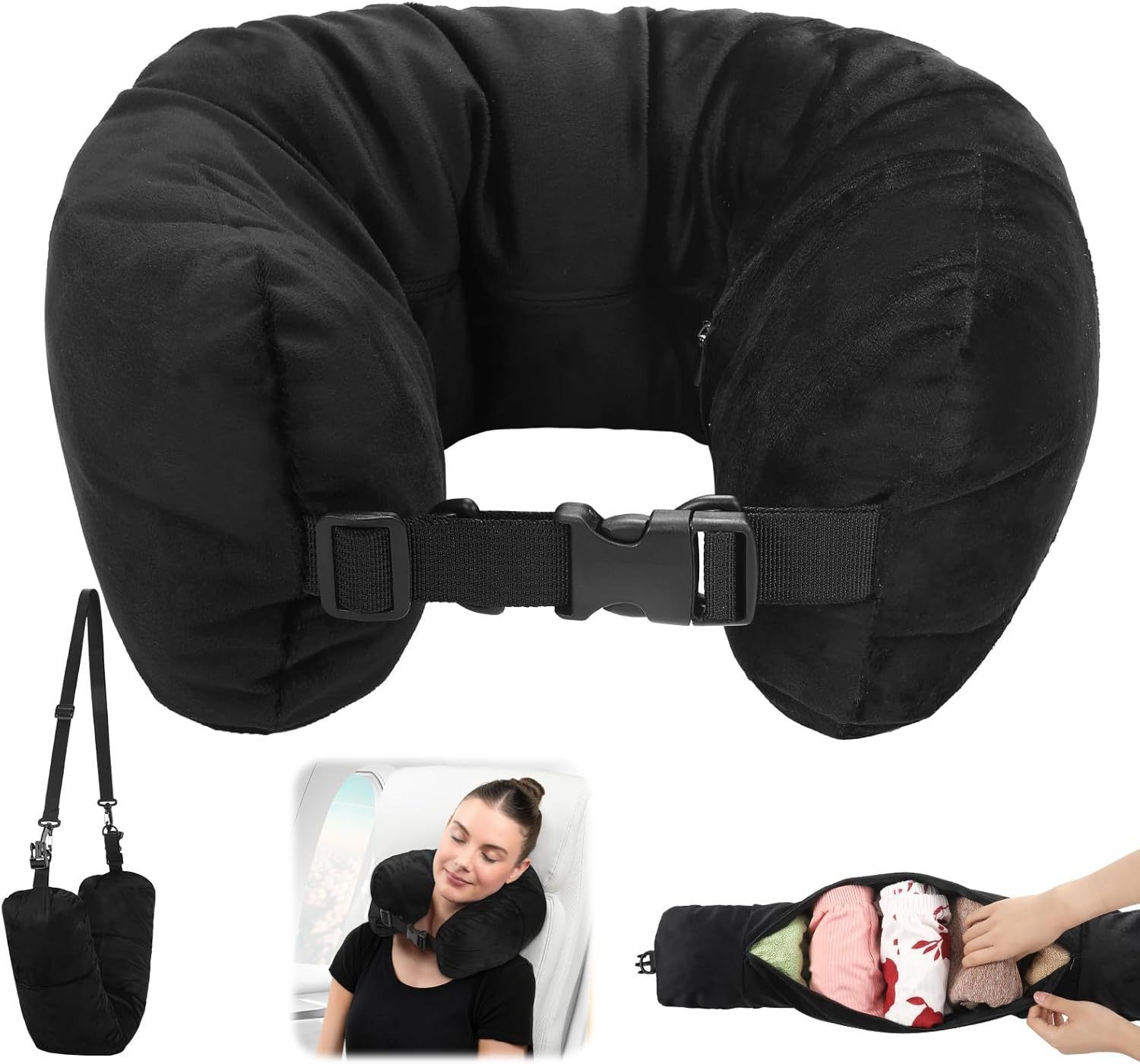 Stuffable Neck Pillow Travel Storage Bag for Airplanes with Clothes,Fits 3+ Days of Travel Essentials, No Filler (Black) - Image 4