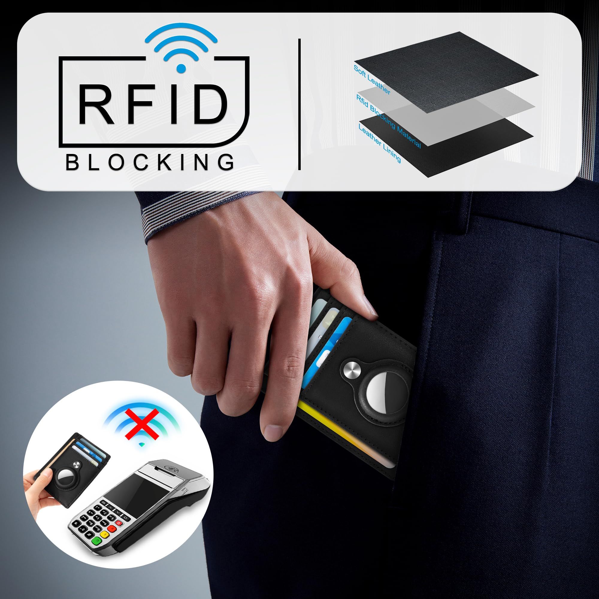 Slim Minimalist Front Pocket Air Tag Wallet, RFID Blocking Card Holder Wallet with Airtag Holder Anti theft card swiping bag (Small lychee pattern) - Image 2