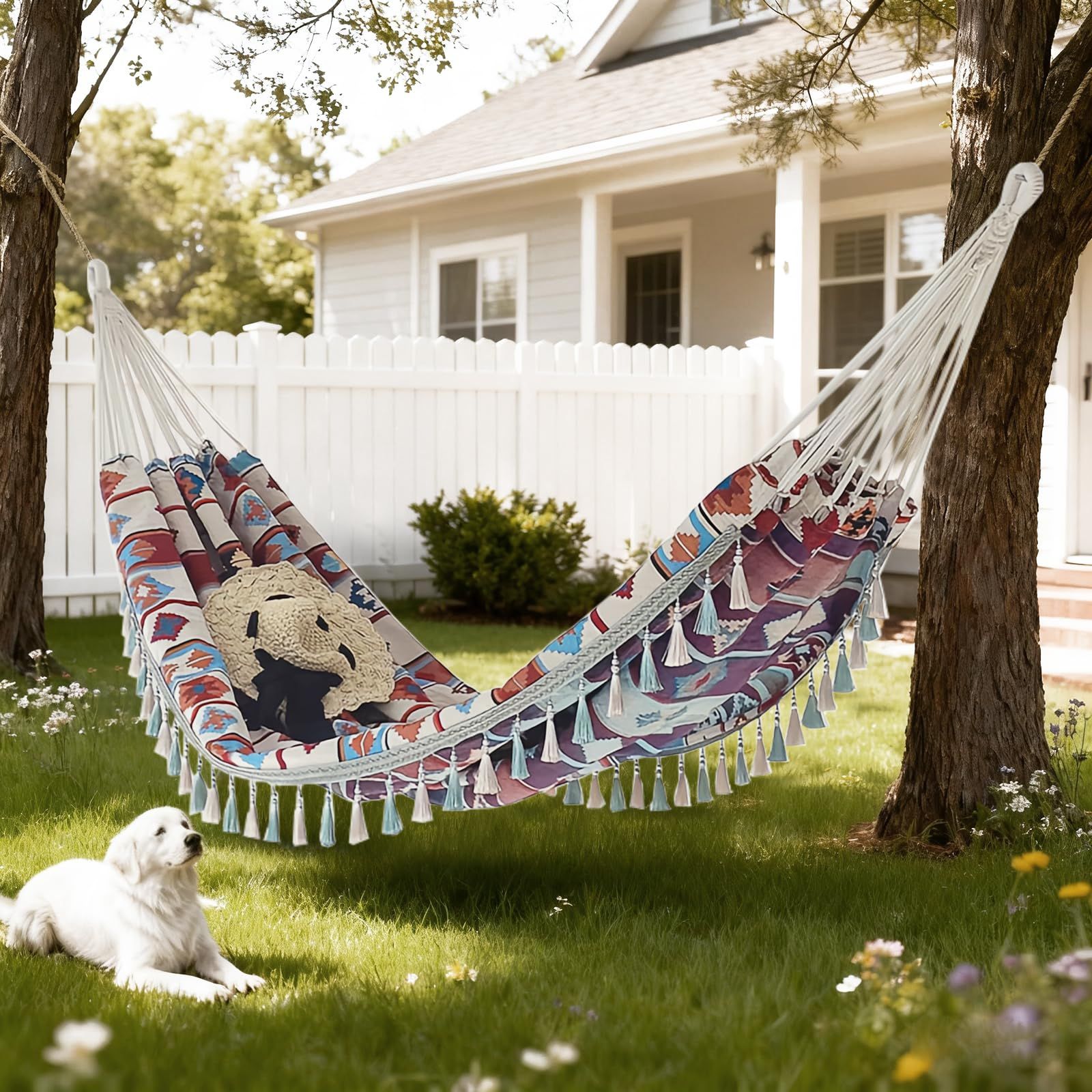 Backyard Hammock with Tassels,Garden Hammocks with Portable Carry,Bag Deluxe Fringe for Patio,Garden,Backyard,Beach,Outdoor and Indoor Porch Fabric - Image 2