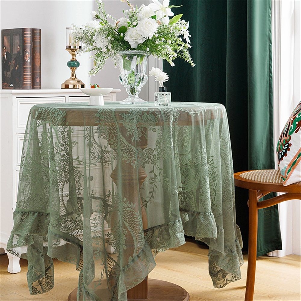 Green Floral Embroidered Lace Square Tablecloth 55”x55” Vintage Table Cover (Green, 55”x55”, Square) - Image 1