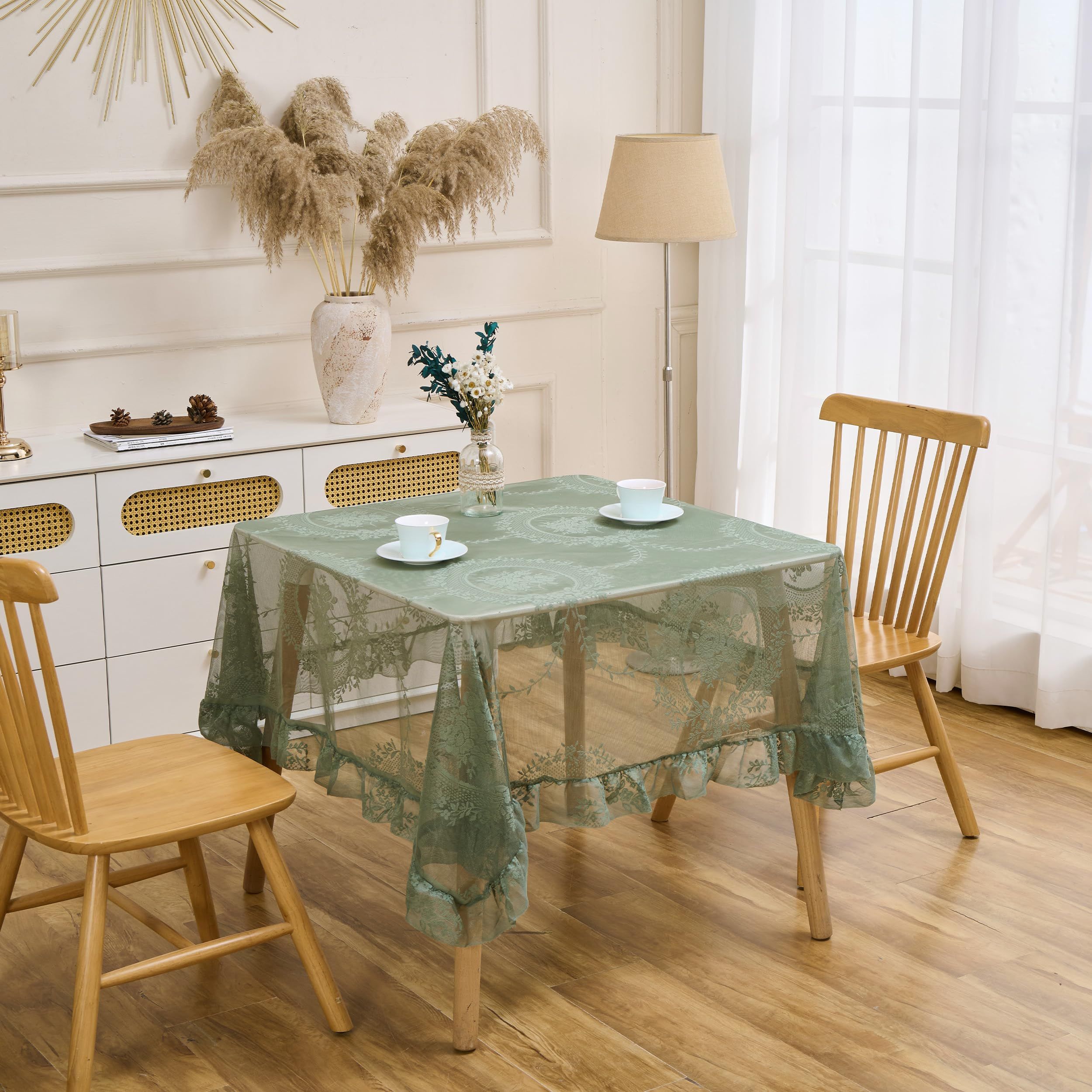 Green Floral Embroidered Lace Square Tablecloth 55”x55” Vintage Table Cover (Green, 55”x55”, Square) - Image 2