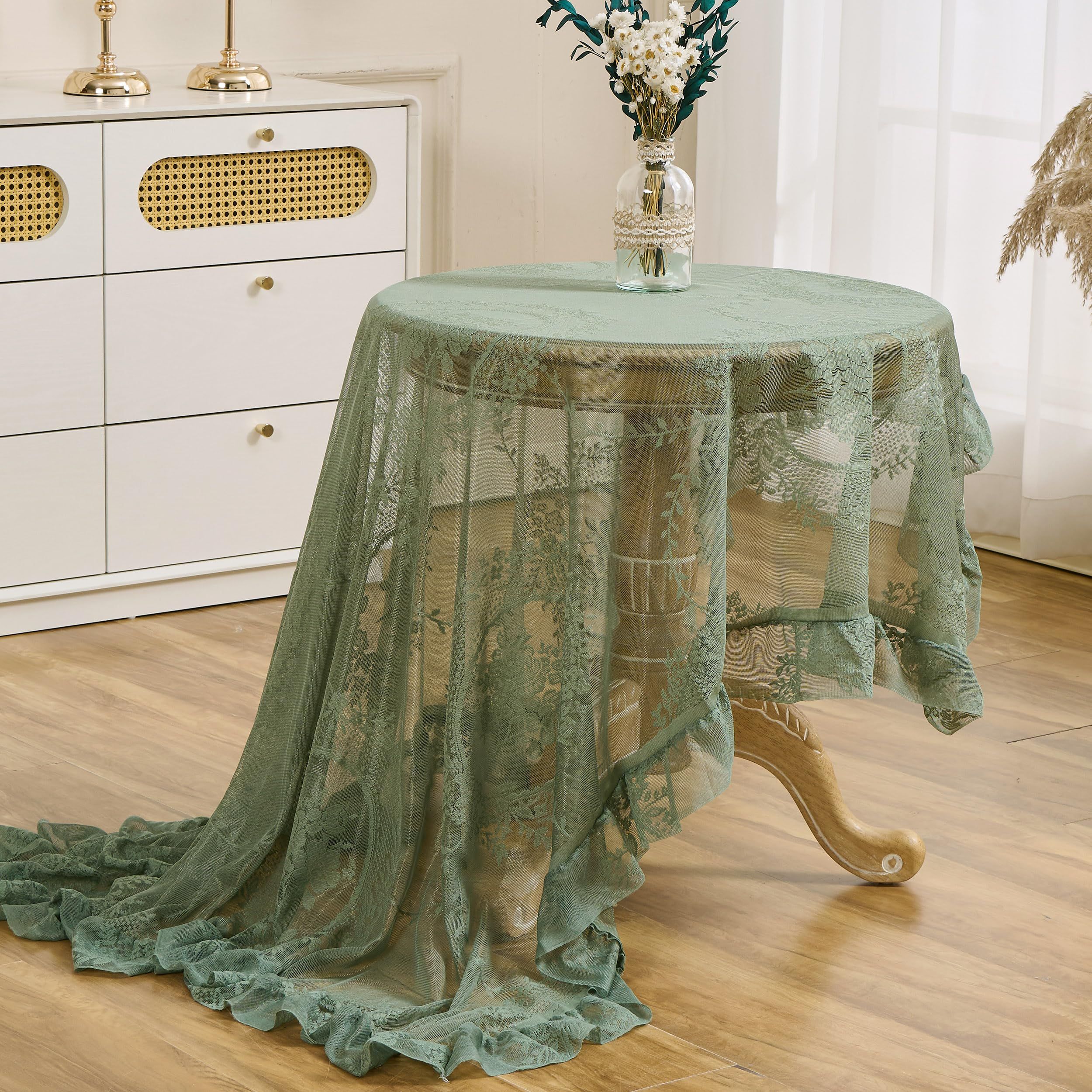 Green Floral Embroidered Lace Square Tablecloth 55”x55” Vintage Table Cover (Green, 55”x55”, Square) - Image 3