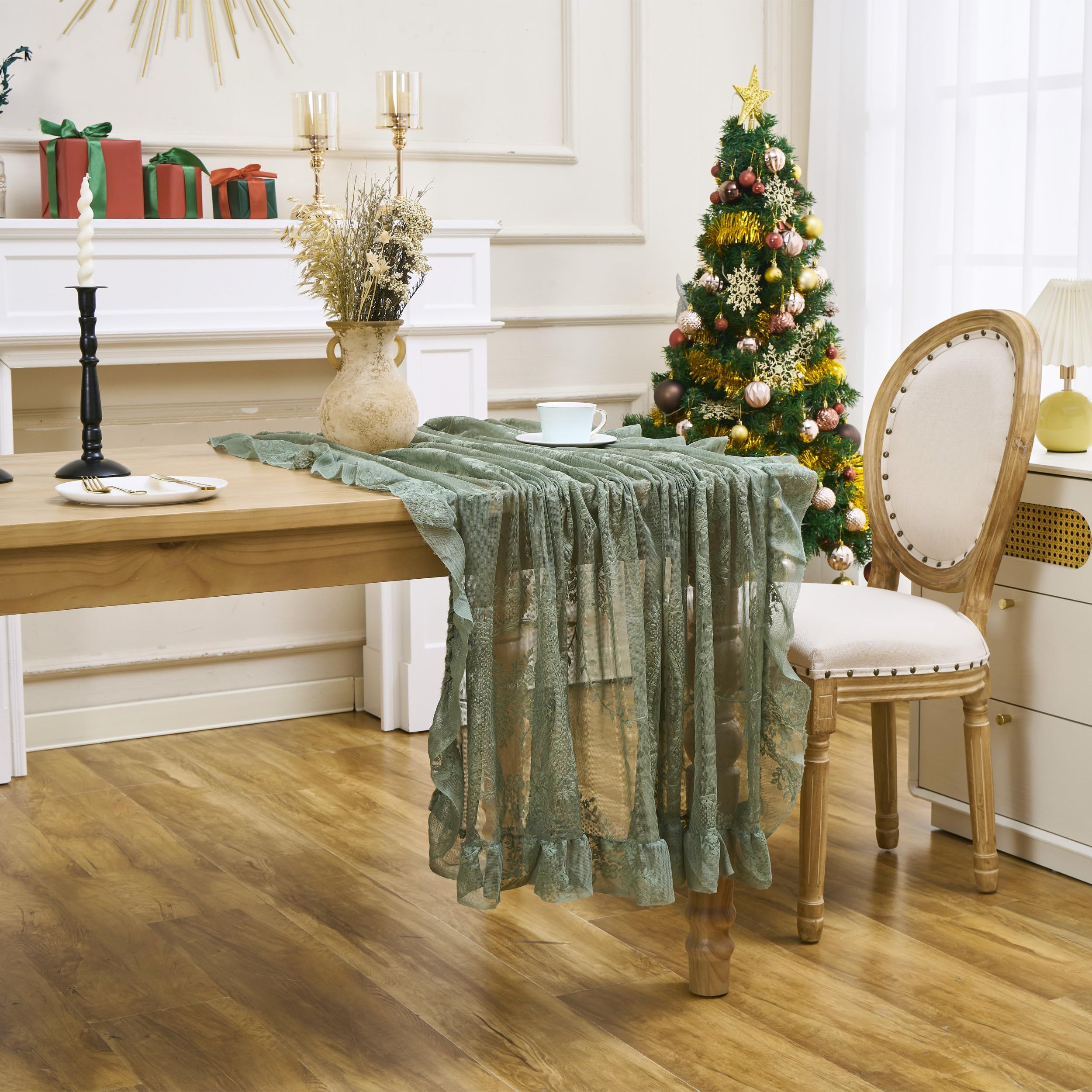 Green Floral Embroidered Lace Square Tablecloth 55”x55” Vintage Table Cover (Green, 55”x55”, Square) - Image 4