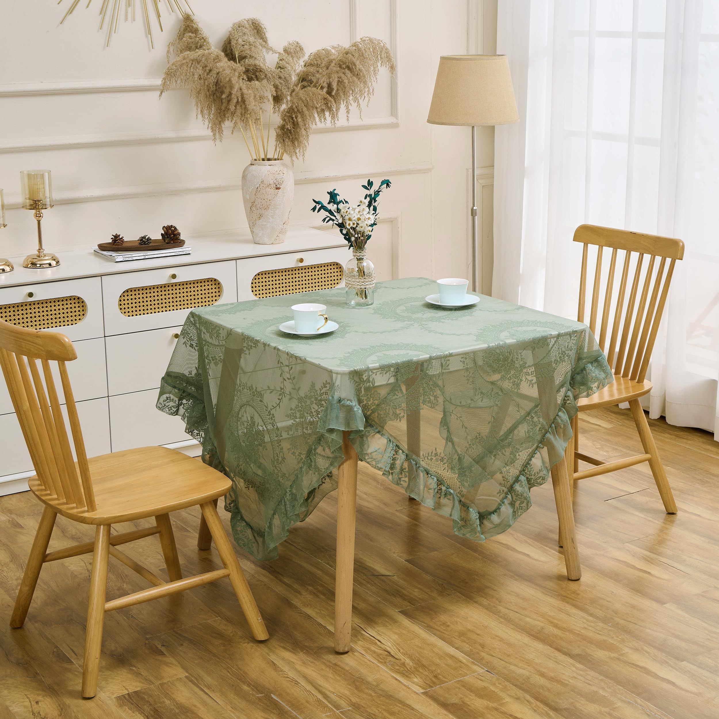Green Floral Embroidered Lace Square Tablecloth 55”x55” Vintage Table Cover (Green, 55”x55”, Square) - Image 5