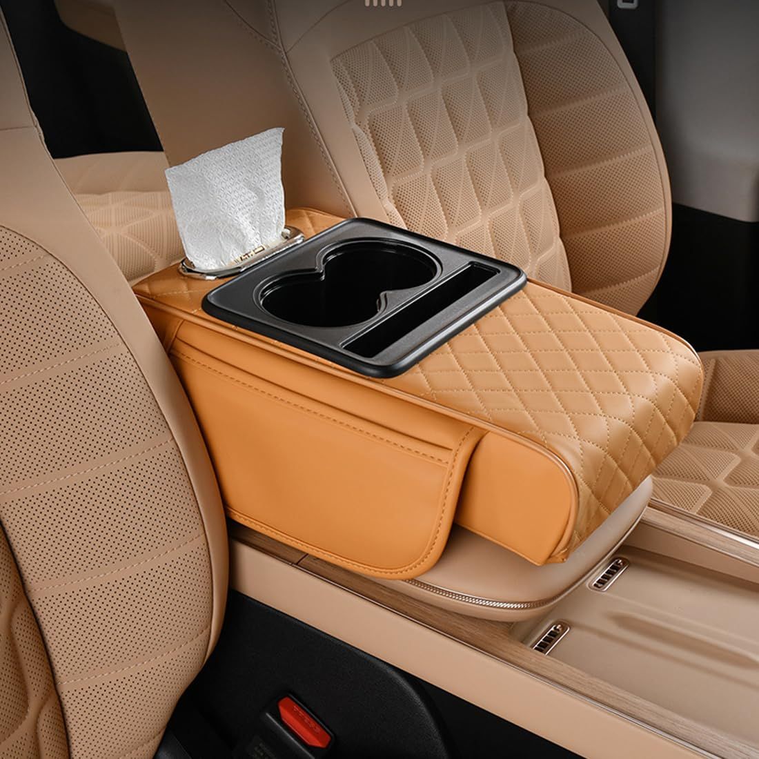 Car Center Console Armrest Pillow, Memory Foam Auto Armrest Box Cover with Cup Holder & Phone Holder, Waterproof Leather Arm Rest Protector Cushion, Car Accessories - Image 1
