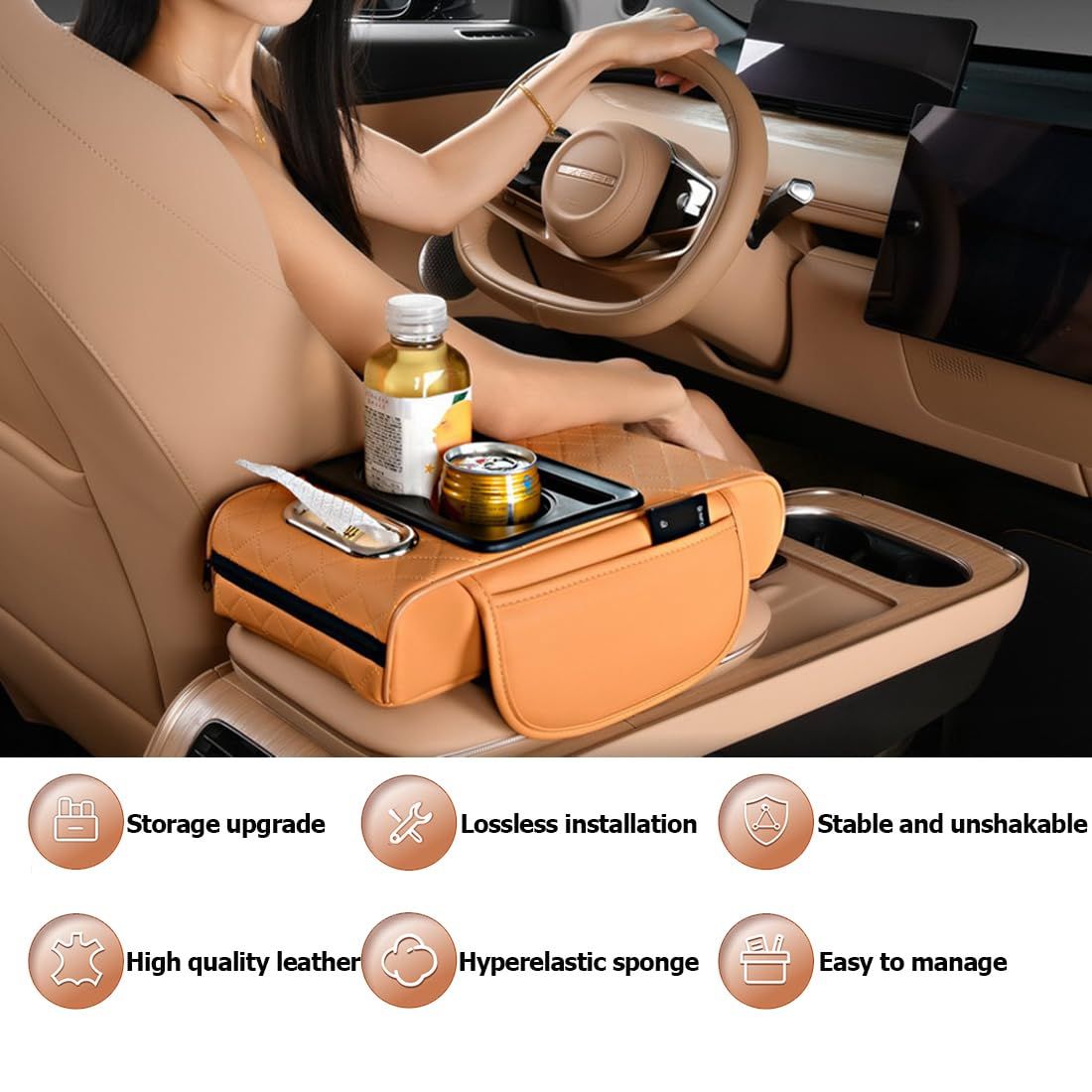 Car Center Console Armrest Pillow, Memory Foam Auto Armrest Box Cover with Cup Holder & Phone Holder, Waterproof Leather Arm Rest Protector Cushion, Car Accessories - Image 2
