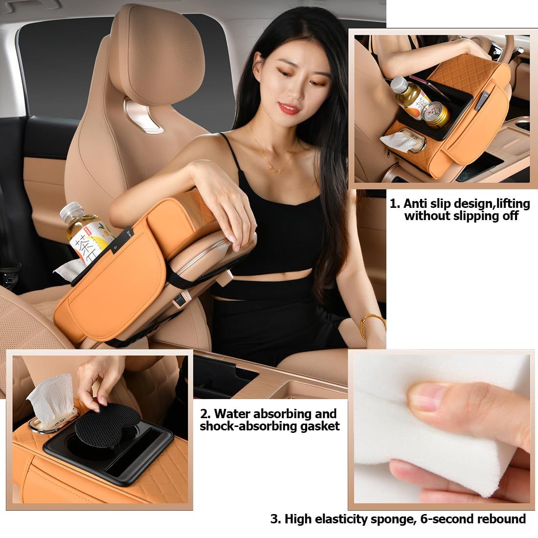 Car Center Console Armrest Pillow, Memory Foam Auto Armrest Box Cover with Cup Holder & Phone Holder, Waterproof Leather Arm Rest Protector Cushion, Car Accessories - Image 3