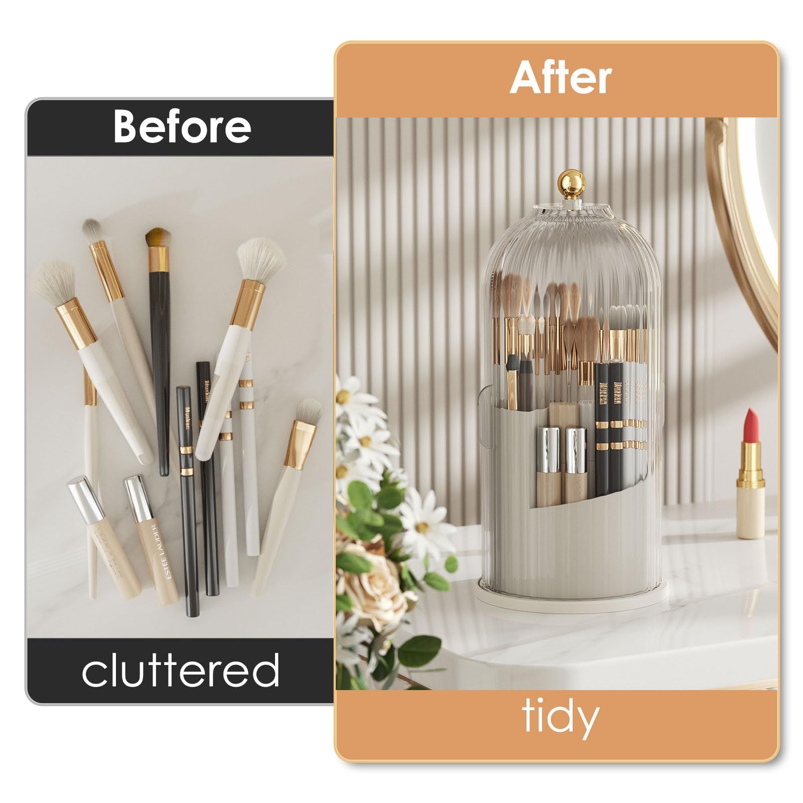 Makeup Brush Holder with Lid 360 Rotating Clear Dustproof Make Up Organizers for Vanity Bathroom Countertop, Transparent（Only storage box） - Image 2