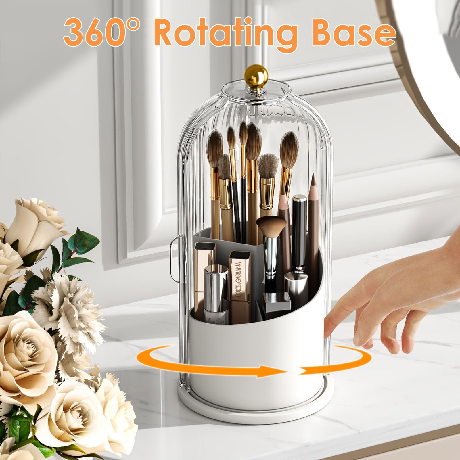 Makeup Brush Holder with Lid 360 Rotating Clear Dustproof Make Up Organizers for Vanity Bathroom Countertop, Transparent（Only storage box） - Image 3