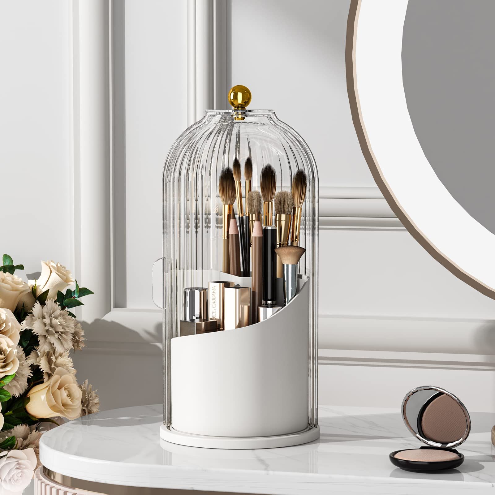 Makeup Brush Holder with Lid 360 Rotating Clear Dustproof Make Up Organizers for Vanity Bathroom Countertop, Transparent（Only storage box） - Image 4