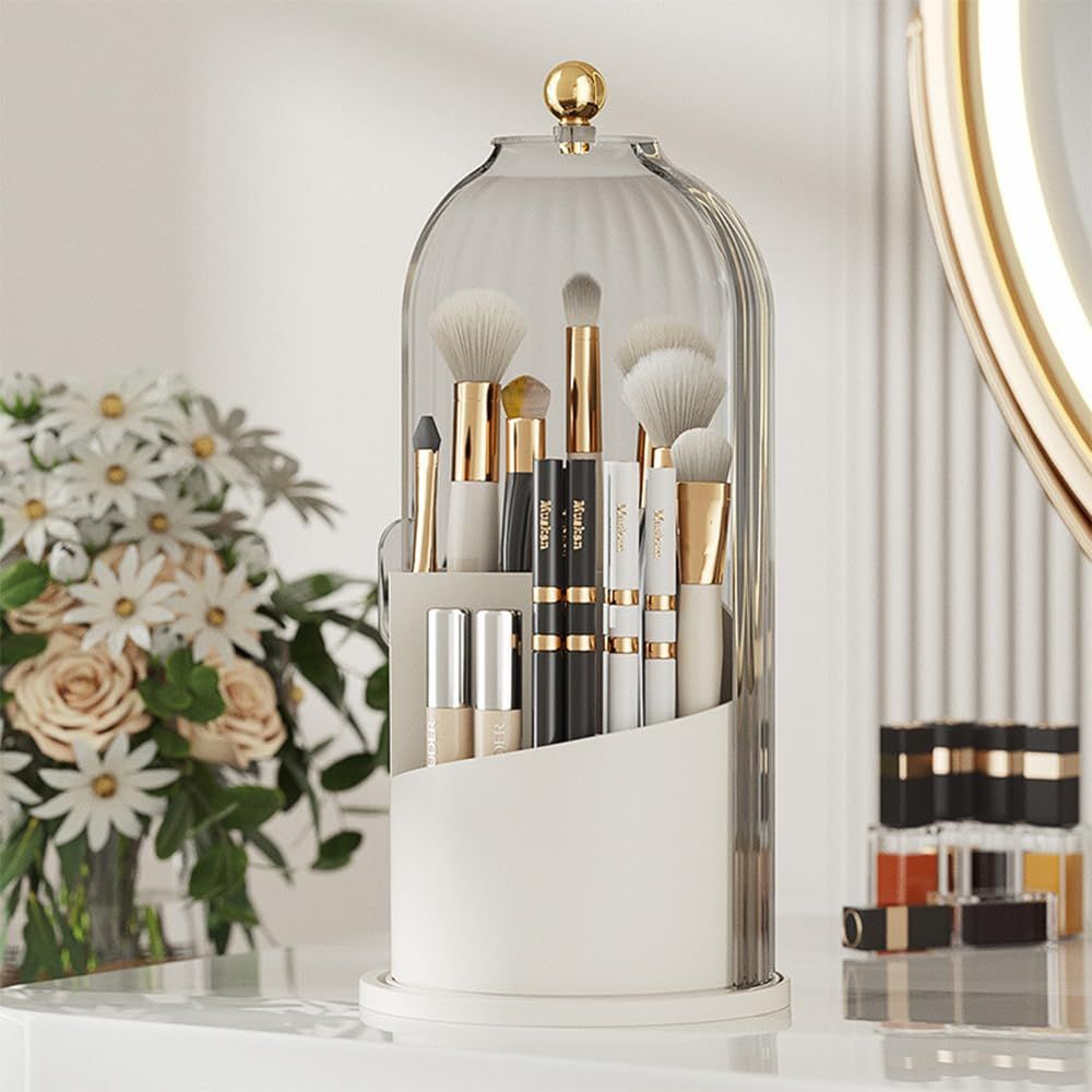 Makeup Brush Holder with Lid 360 Rotating Clear Dustproof Make Up Organizers for Vanity Bathroom Countertop, Transparent（Only storage box） - Image 5