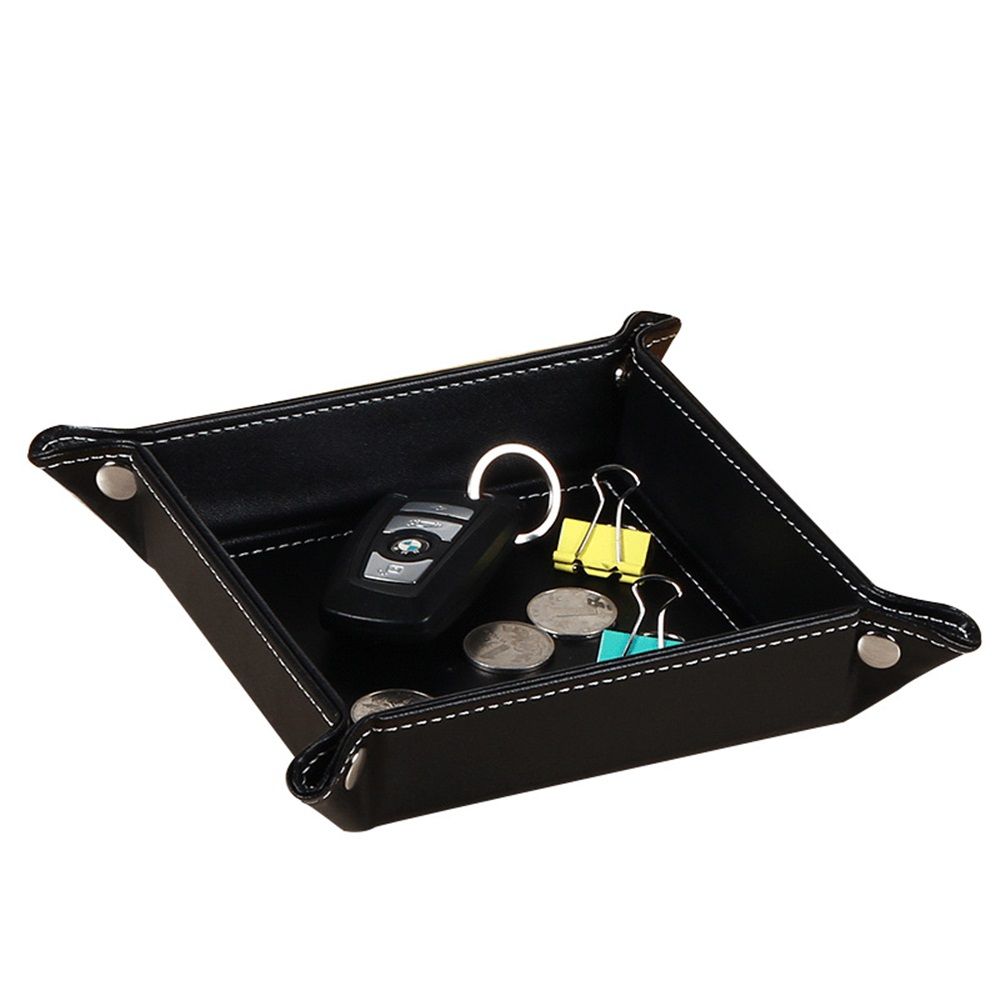 Valet Tray Desktop Storage Organizer – Premium PU Leather Bedside Vanity Tray Nightstand Caddy Holder for Remote Controller, Keys, Phone, Wallet, Coin, Jewelry, Black - Image 1