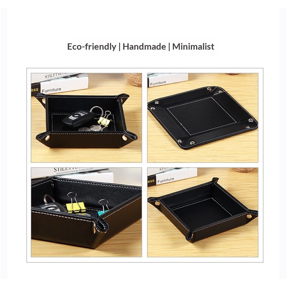 Valet Tray Desktop Storage Organizer – Premium PU Leather Bedside Vanity Tray Nightstand Caddy Holder for Remote Controller, Keys, Phone, Wallet, Coin, Jewelry, Black - Image 3