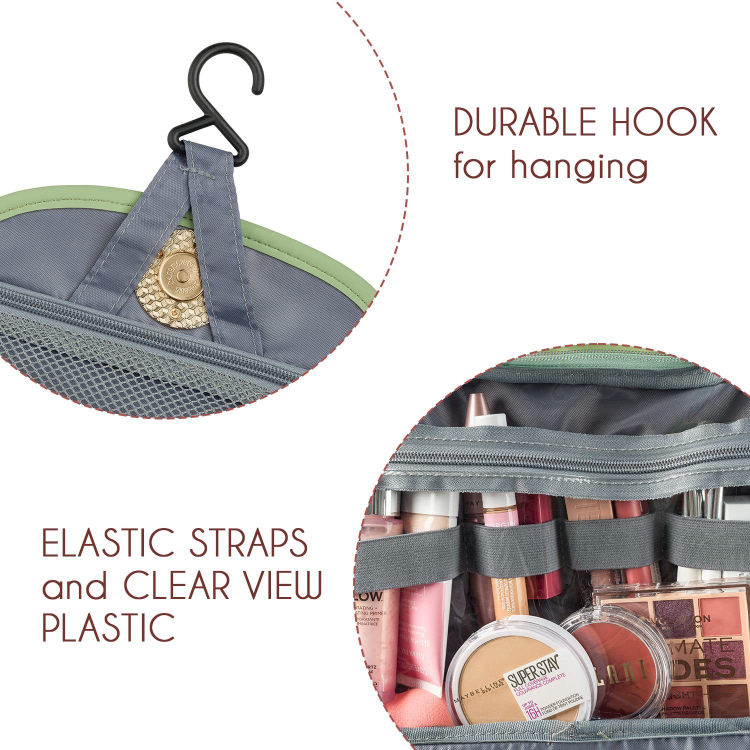 Toiletry Bag for Women, Travel Toiletry Bag Makeup Cosmetic Bag with Hanging Hook, Water-resistant for Toiletries Accessories Brushes Sponge - Image 4
