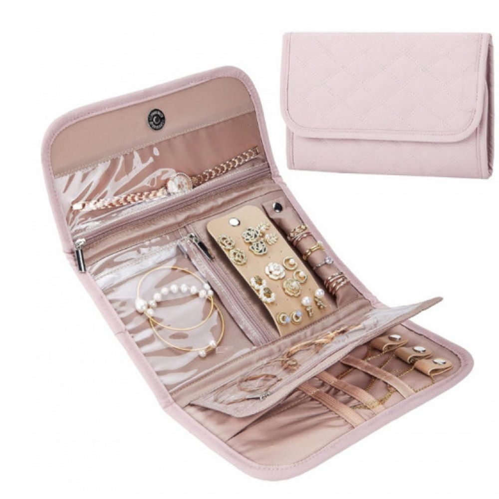 Travel Jewelry Case Organizer, Medium Foldable Storage Roll for Earrings, Necklaces, Rings, Bracelets, Brooches, pink（Excluding jewelry） - Image 1