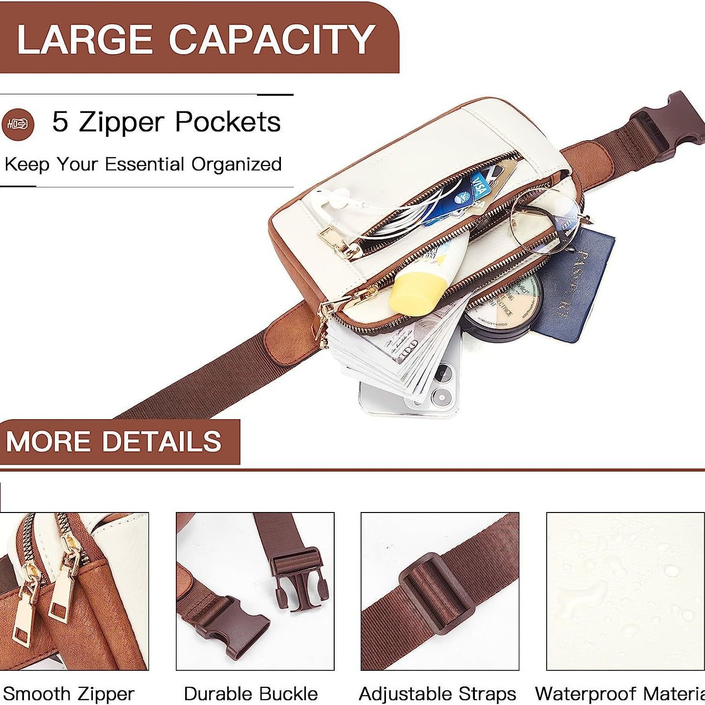 Packs for Women Cross Body Leather Belt Bag Fashionable with Adjustable Strap, Adjustable Strap Fashion Leather Waist Packs, Beige Brown - Image 5