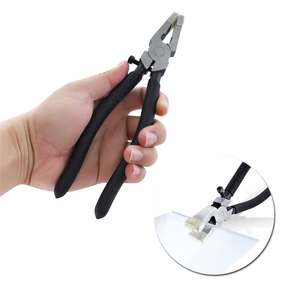 Glass Running Pliers With Curved Jaws - Professional Glass Breaking Tool for Stained Work, Key Fob Hardware Install, Mosaics - Black With 2 of Rubber Tips 8-Inch - Image 2