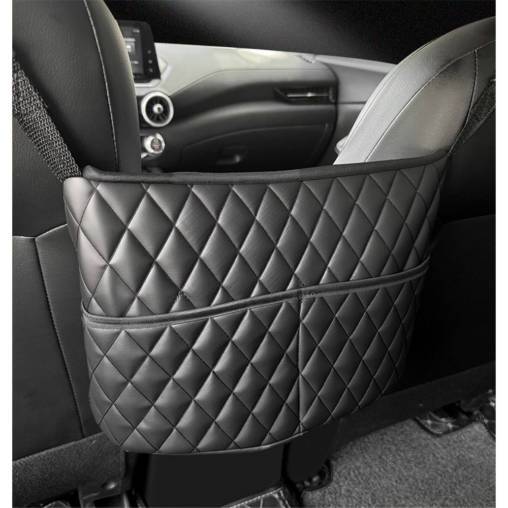 Car Net Pocket Handbag Holder Between Seats, Luxury Quilted Purse Car Organizer With 2 Extra Pockets For Storage, Black - Image 2