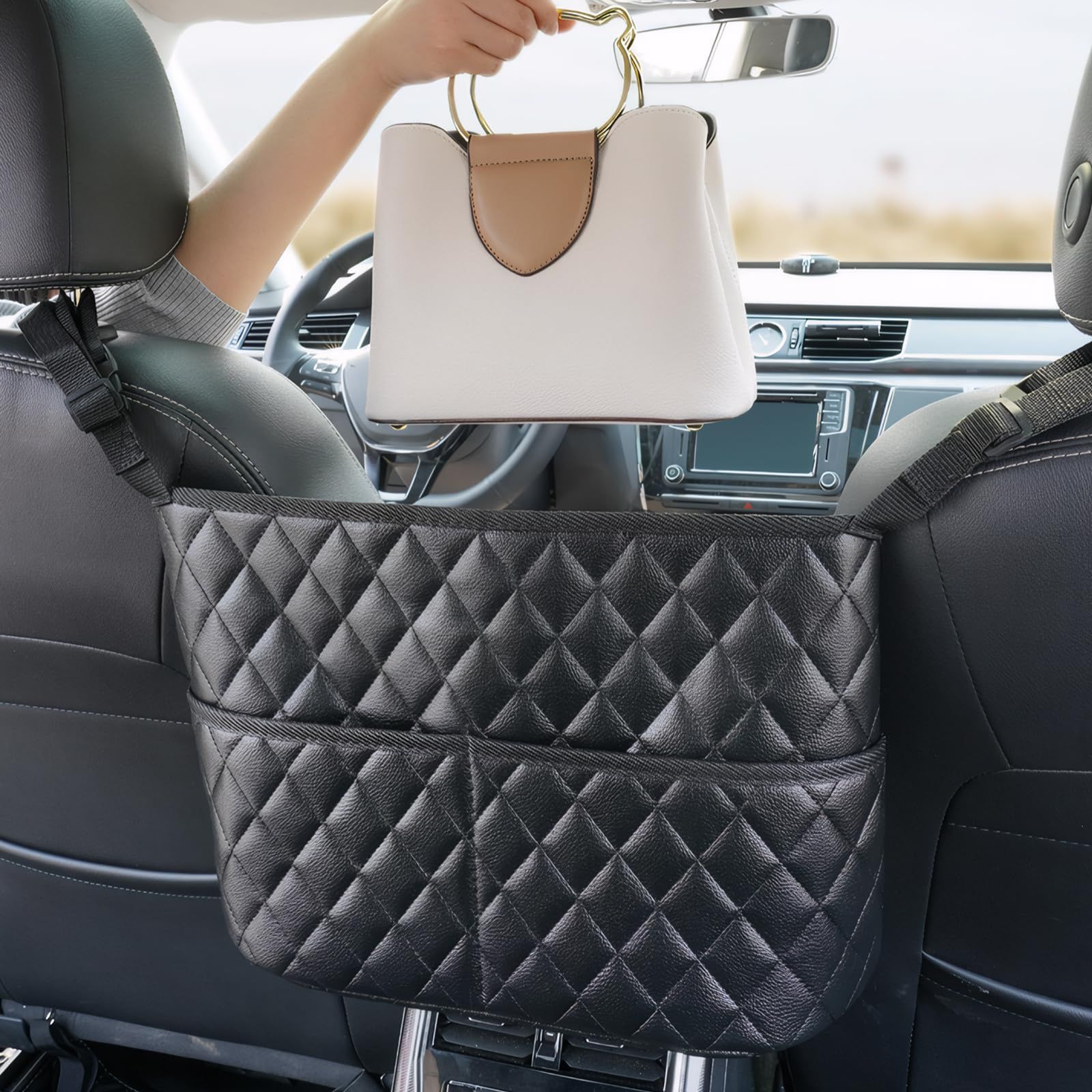 Car Net Pocket Handbag Holder Between Seats, Luxury Quilted Purse Car Organizer With 2 Extra Pockets For Storage, Black - Image 3
