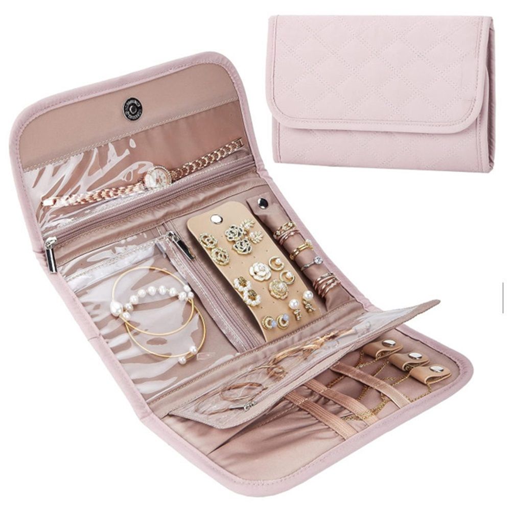 Travel Jewelry Case Organizer, Foldable Storage Roll for Earrings, Necklaces, Rings, Bracelets, Brooches,  Pink 33.5 * 22CM（Only storage bag） - Image 1