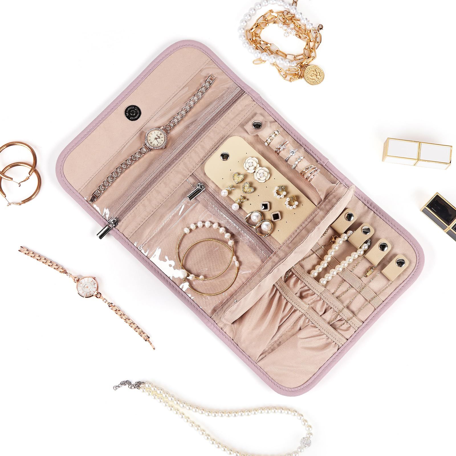 Travel Jewelry Case Organizer, Foldable Storage Roll for Earrings, Necklaces, Rings, Bracelets, Brooches,  Pink 33.5 * 22CM（Only storage bag） - Image 2