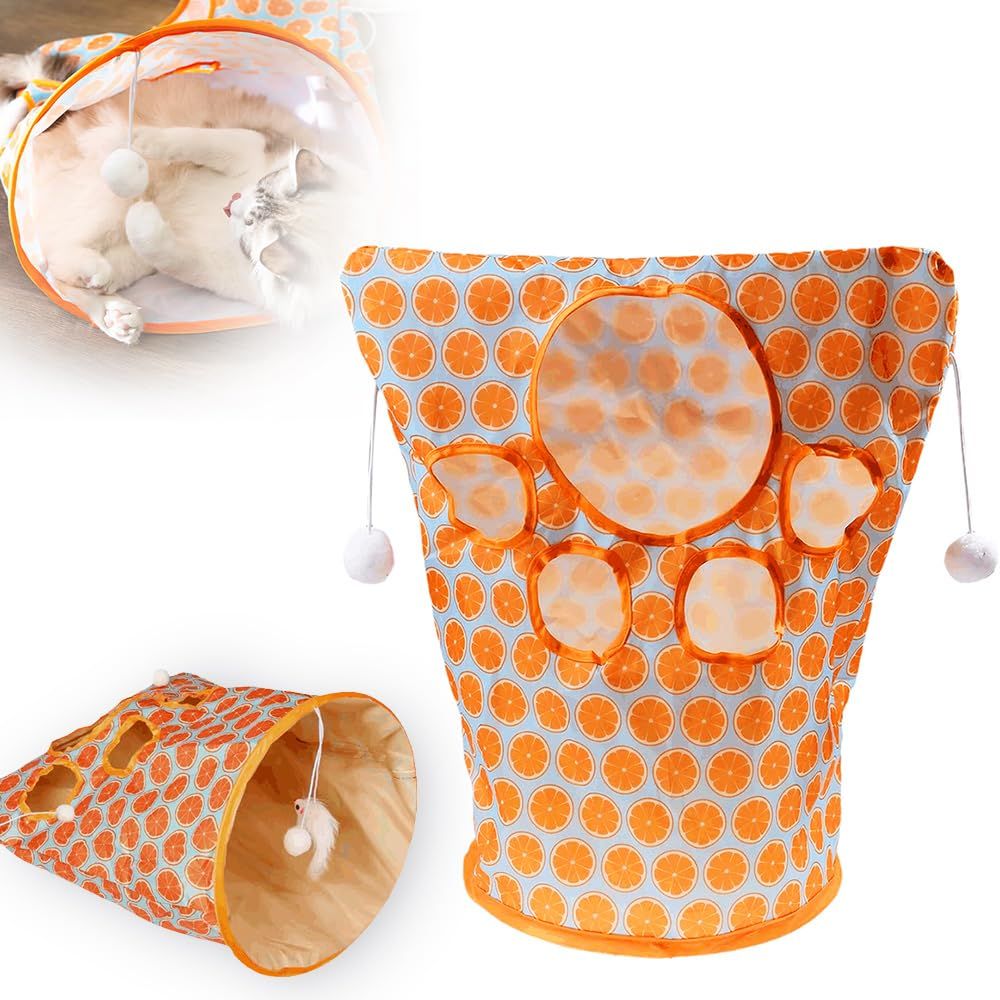 2pcs Cat Tunnel Bag for Indoor Cats, Foldable Pet Tunnel Crinkle Sack Bag with a Little Mouse &  Toy Ball, Portable Crinkle Paper Interactive Hide and Seek Cat Toys (Orange) - Image 1