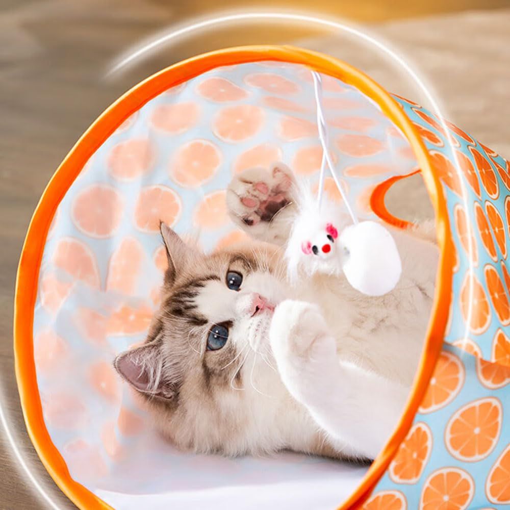 2pcs Cat Tunnel Bag for Indoor Cats, Foldable Pet Tunnel Crinkle Sack Bag with a Little Mouse &  Toy Ball, Portable Crinkle Paper Interactive Hide and Seek Cat Toys (Orange) - Image 4