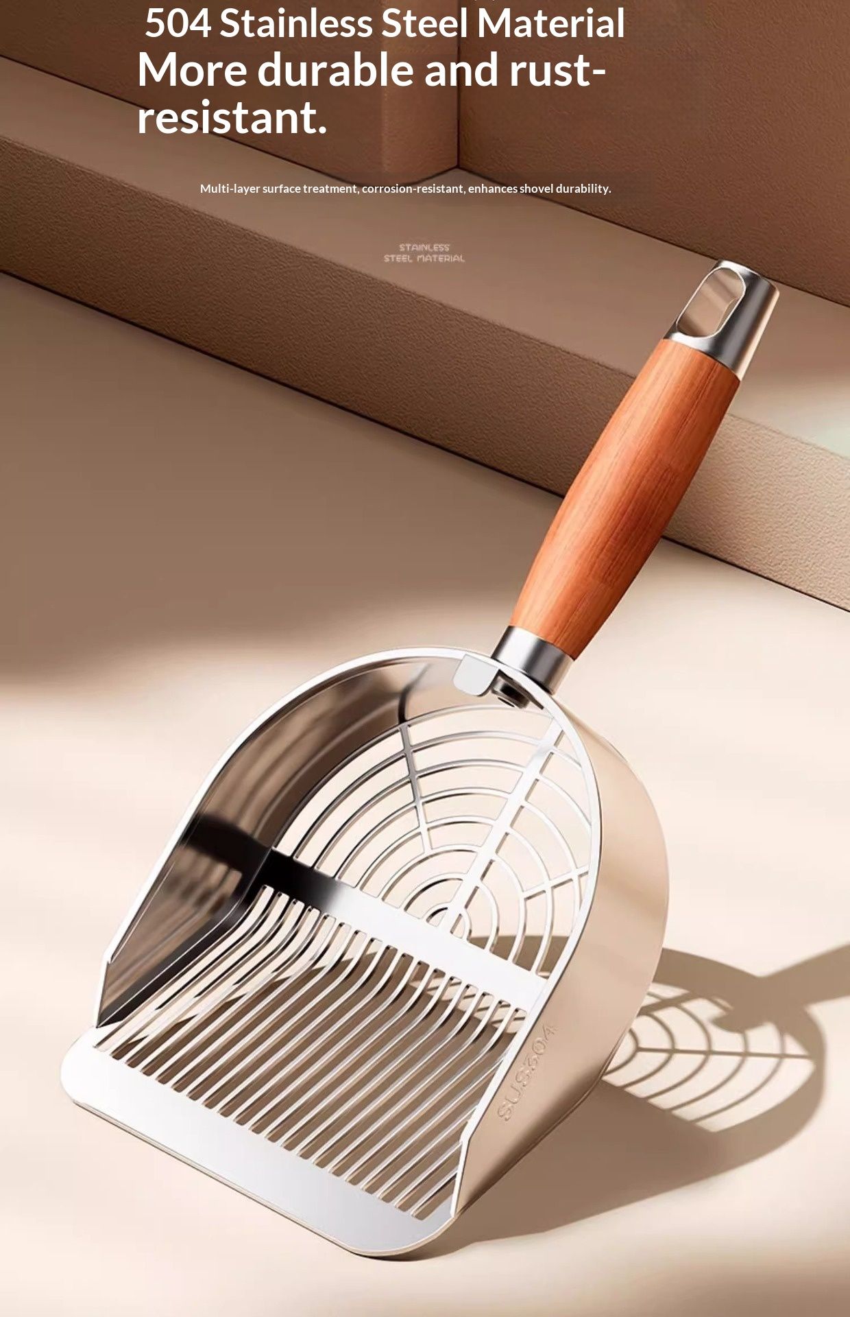 Stainless Steel Metal Cat Litter Scoop - Durable, Anti-Break Handle  for Cat Litter Box Strip Holes Easy Cleaning（Original color ）Long shovel - Image 4