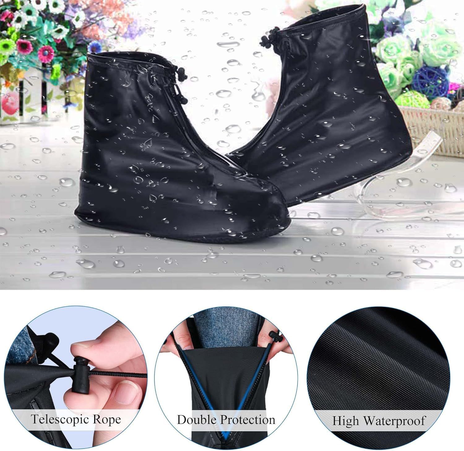 Rain Shoe Covers Waterproof Boots Plastic Overshoes Galoshes for Women Men Kids,Anti-Slip Overshoes Black （M） - Image 4