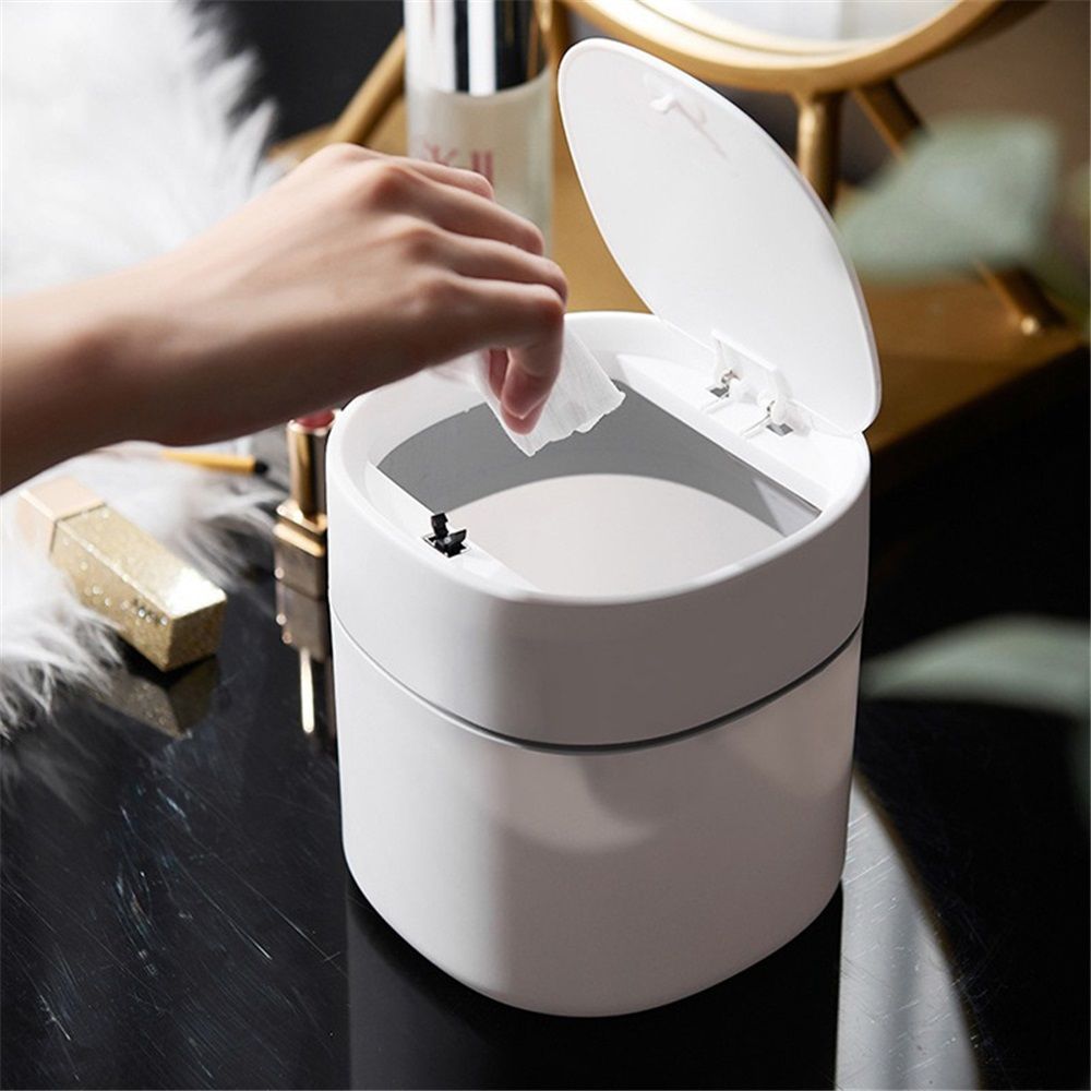 Mini Desk Trash Can with Lid,  Press-Top Tiny Countertop Waste Basket Small Table Top Plastic Covered Garbage Bin for Desk Top - Image 2