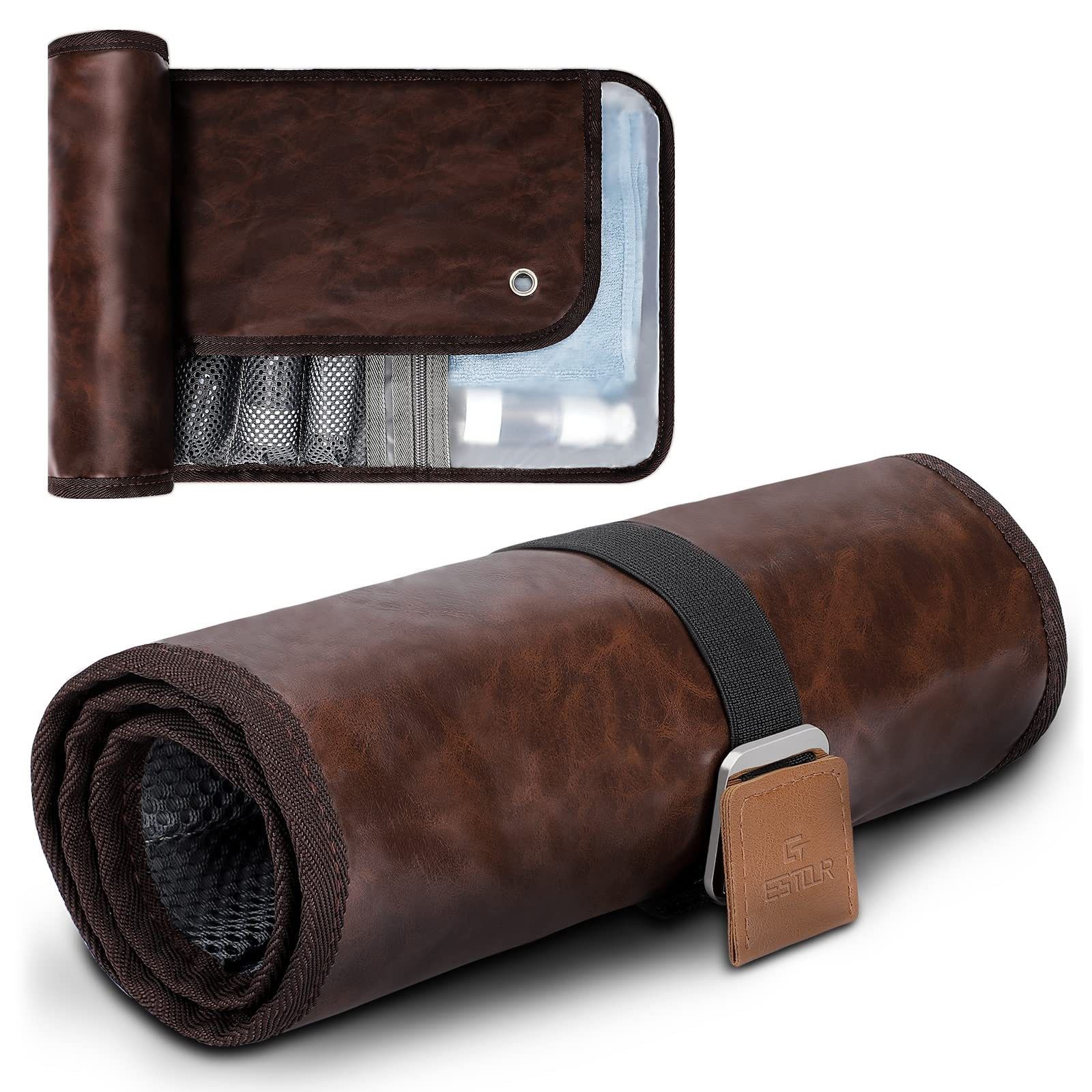 Toiletry Bag for Men, Travel Essentials Travel Toiletry Bag, Water-Resistant Compact Bathroom Roll Organizer for Hygiene, Shaving kit, Gifts for men (Chic Brown(PU Leather),oniy bag) - Image 1