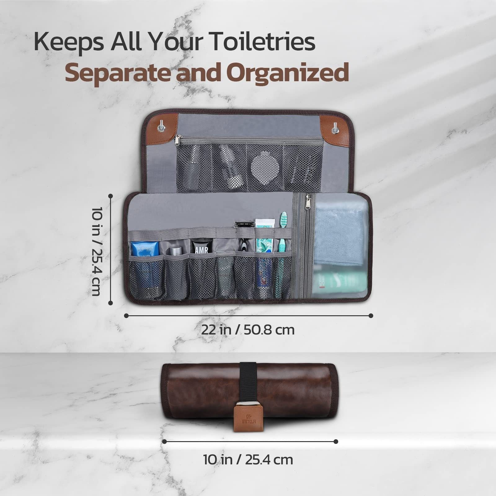 Toiletry Bag for Men, Travel Essentials Travel Toiletry Bag, Water-Resistant Compact Bathroom Roll Organizer for Hygiene, Shaving kit, Gifts for men (Chic Brown(PU Leather),oniy bag) - Image 3